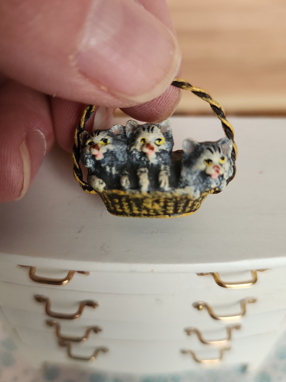 Viennese bronze miniature basket of three kittens Dollhouse Size Artisan