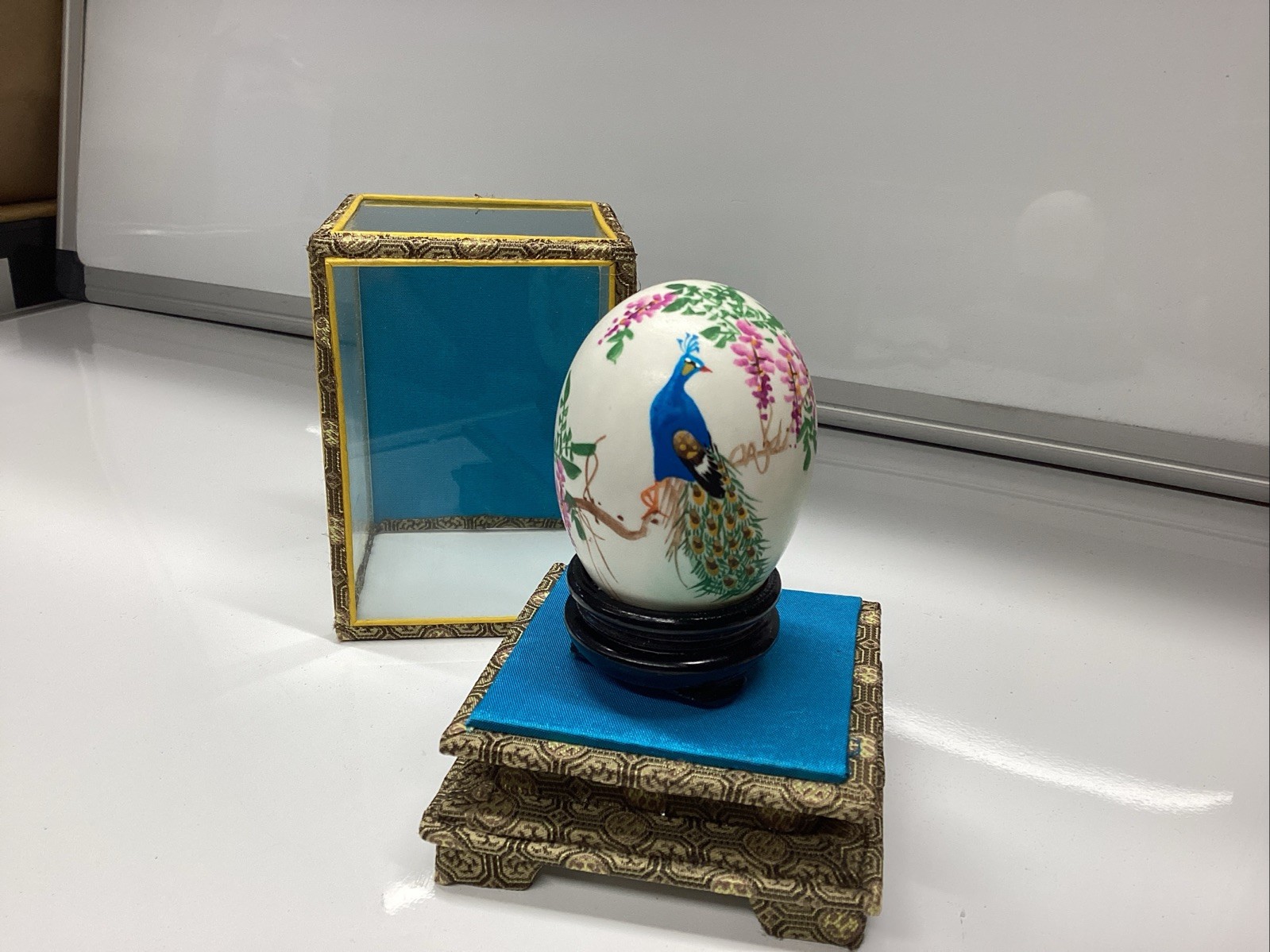 Vintage Hand Painted Egg – Peacock – Birds and Flowers With Display Case