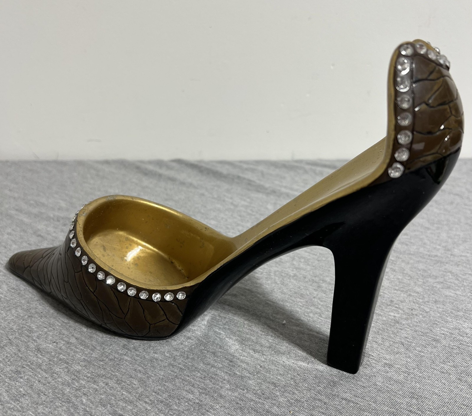 High Heel Stiletto Shoe Figurine Brown Gold Black Rhinestone Accents Decor Gift