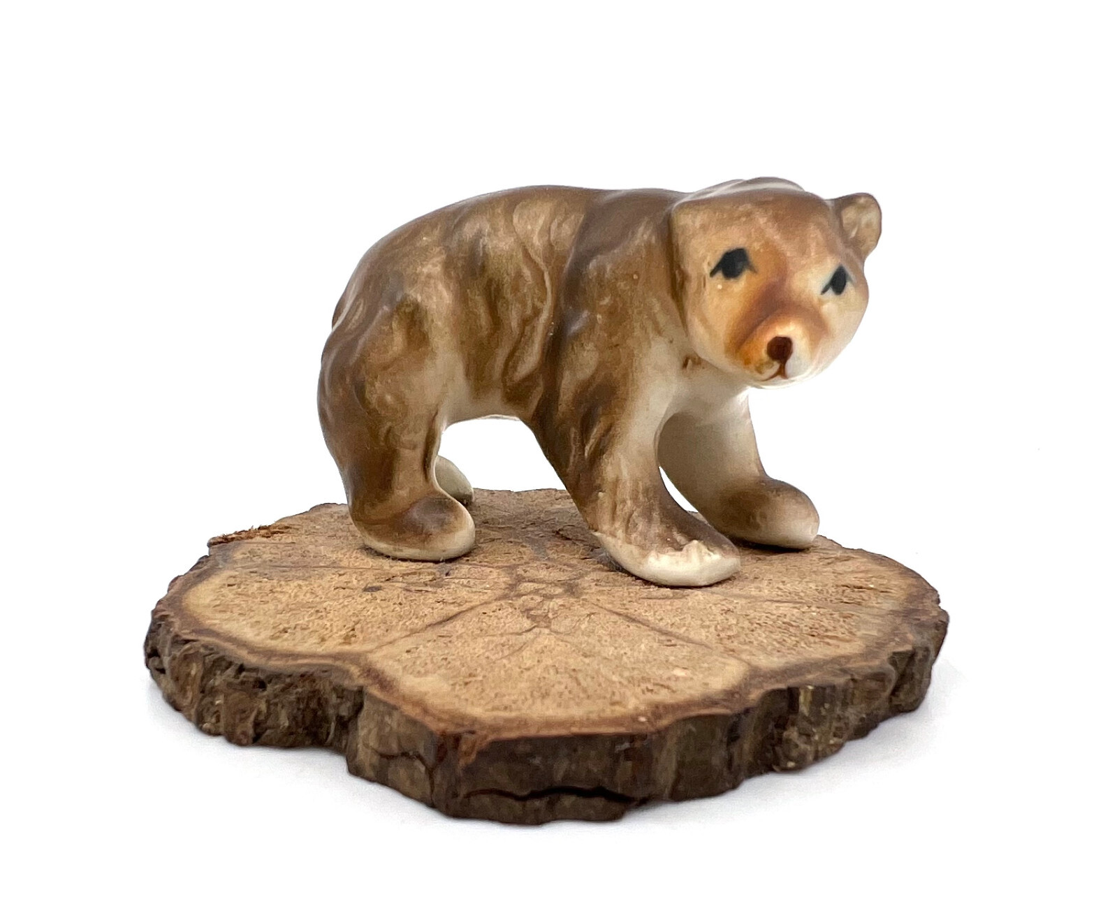 Bone China Bear Figurine on Wood Slice 1960s unsigned 1.25in tall Vtg