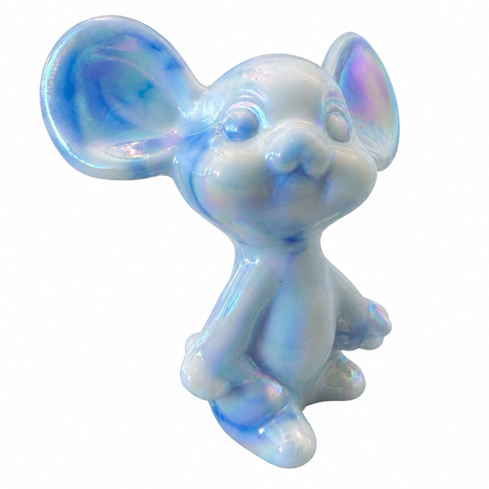 Fenton Mouse Figurine Blue Slag Glass Iridescent Carnival Sticker 1980s 2.75in