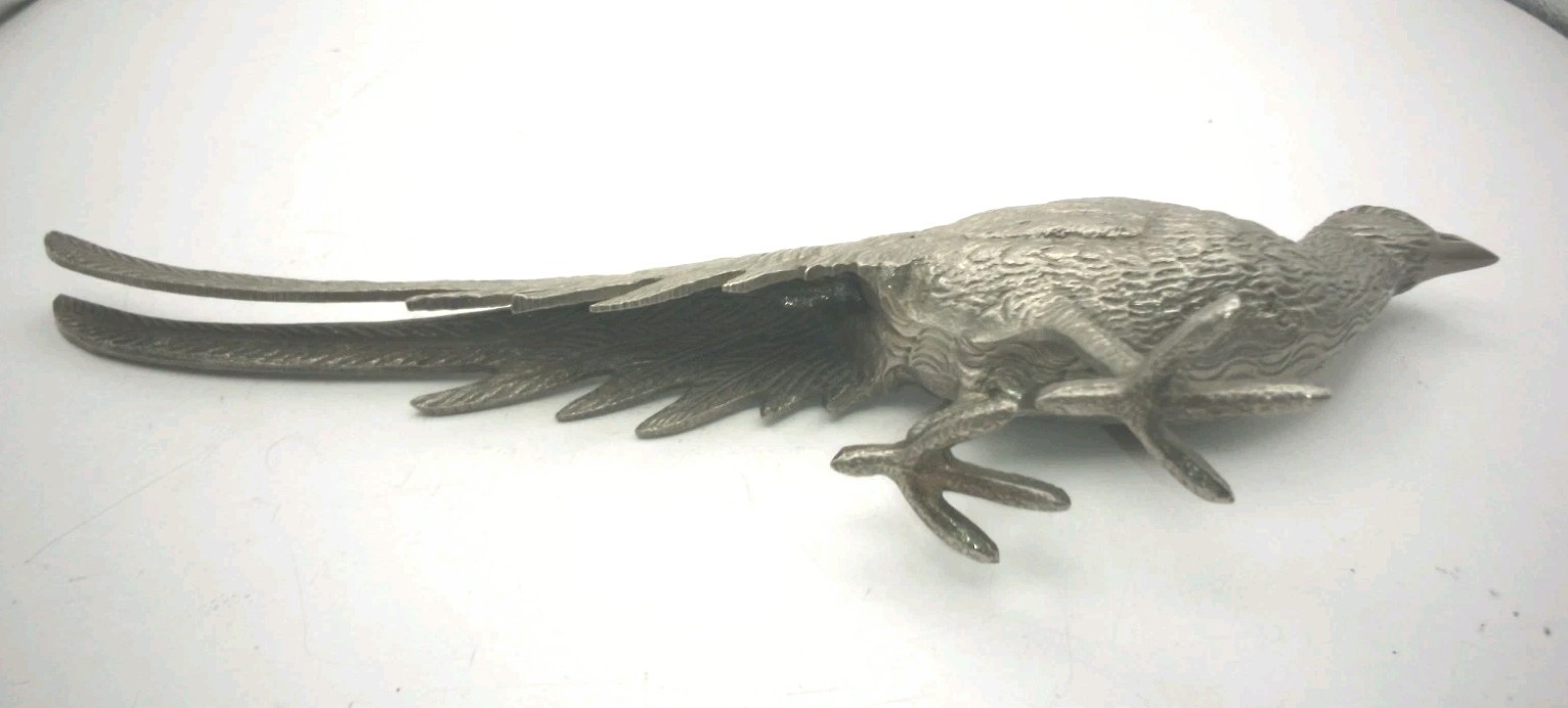 8.75″ Vintage Cast Metal Silver Tone Pheasant Nice Feathers Figurine Bird VTG