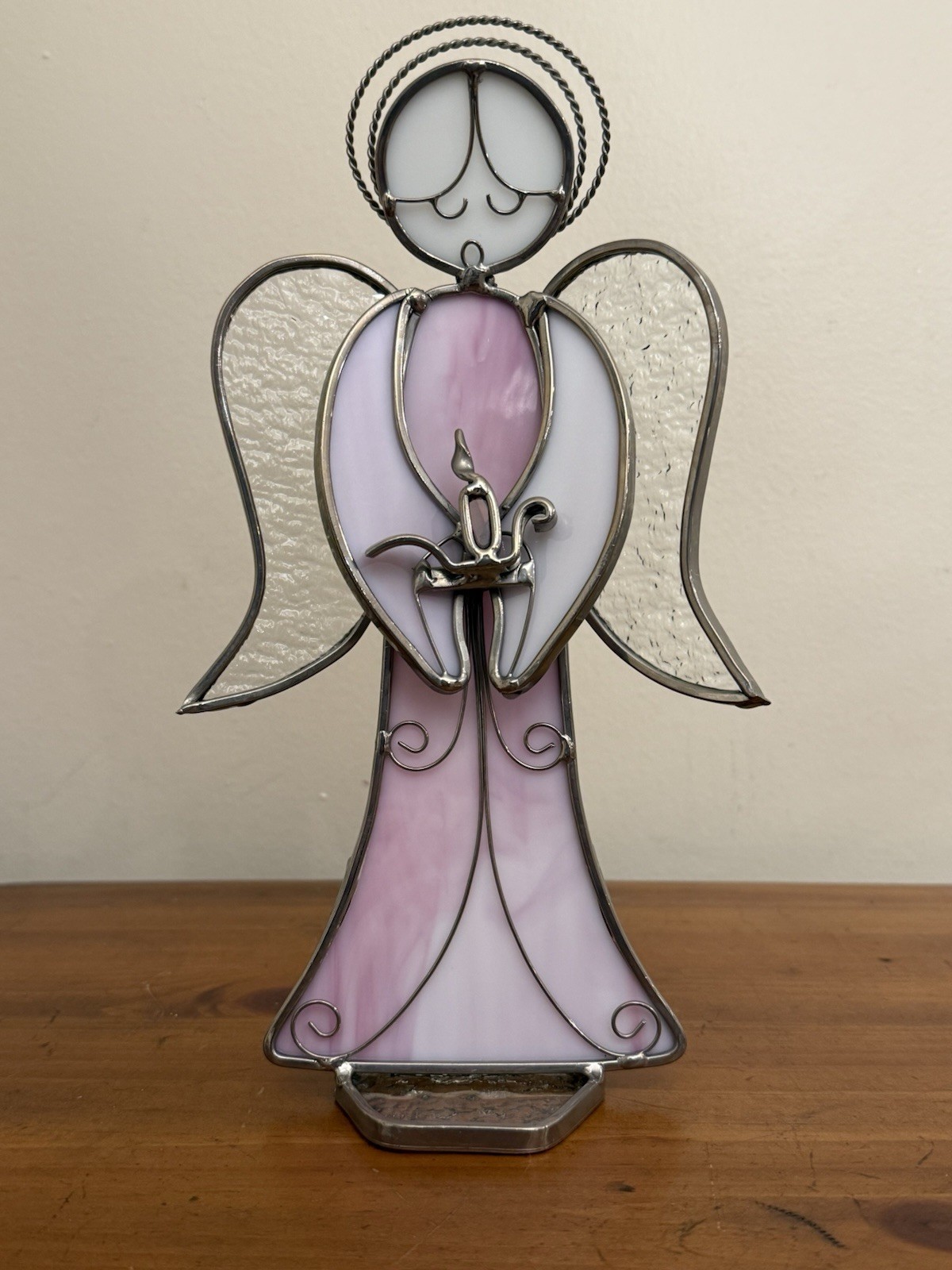 VTG Stained Glass Angel Double Halo Holding Candle Free Standing Pink White 10″