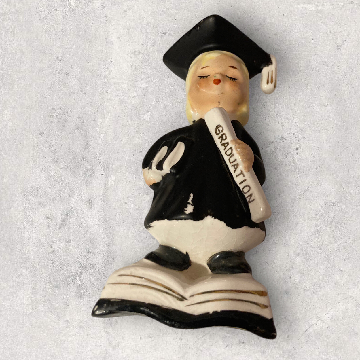 Vintage Graduate Figurine Blonde Girl Japan Diploma Cake Topper 4” Paint Loss