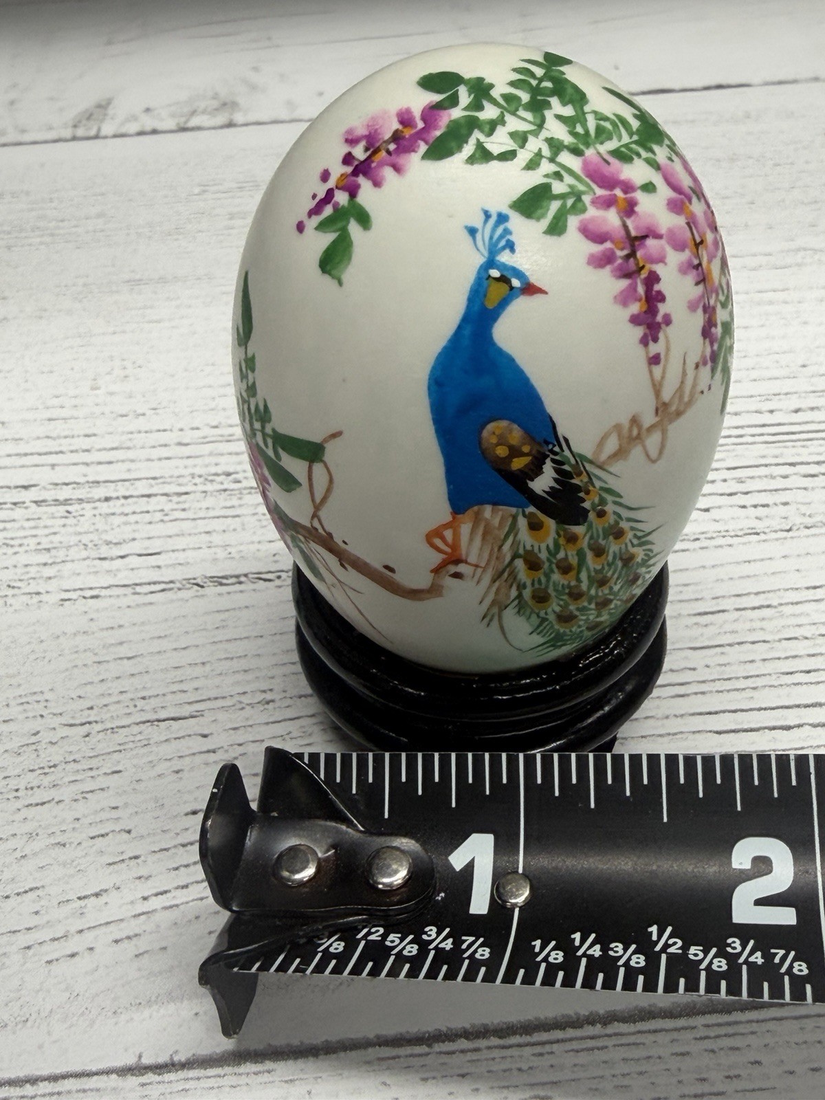 Vintage Hand Painted Egg – Peacock – Birds and Flowers With Display Case