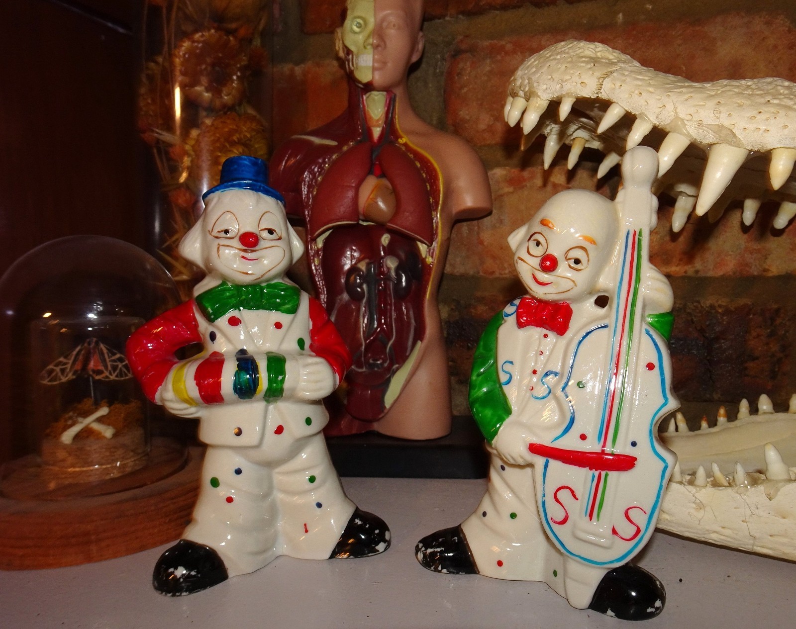Vintage Two Ceramic Clowns Playing Instruments