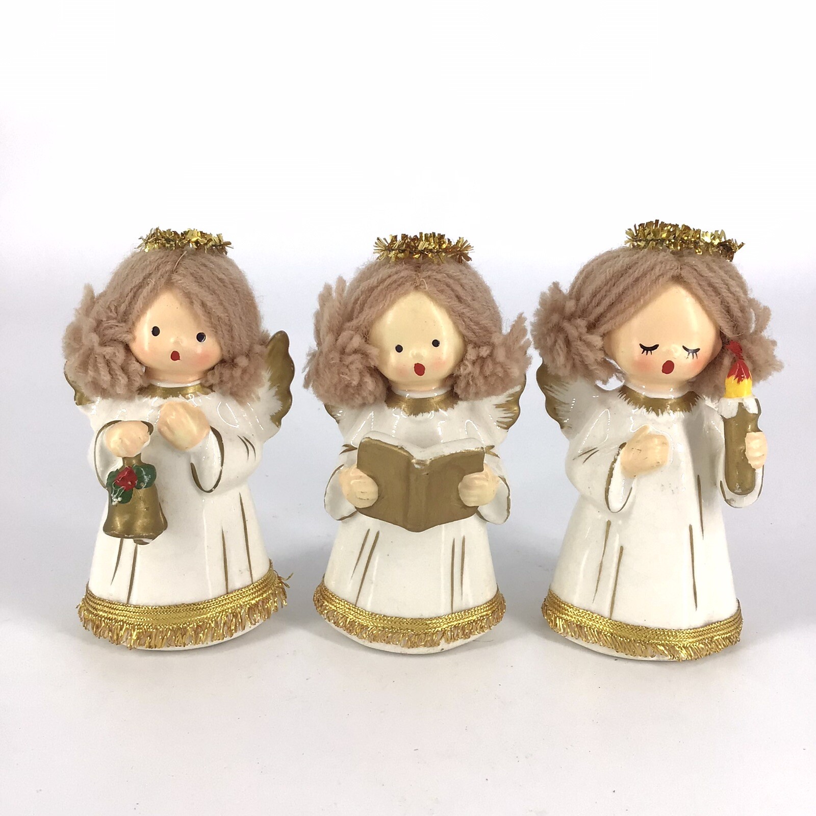 Vintage Ardco Christmas Angel Figurines Yarn Hair Ceramic Set Of 3 Japan
