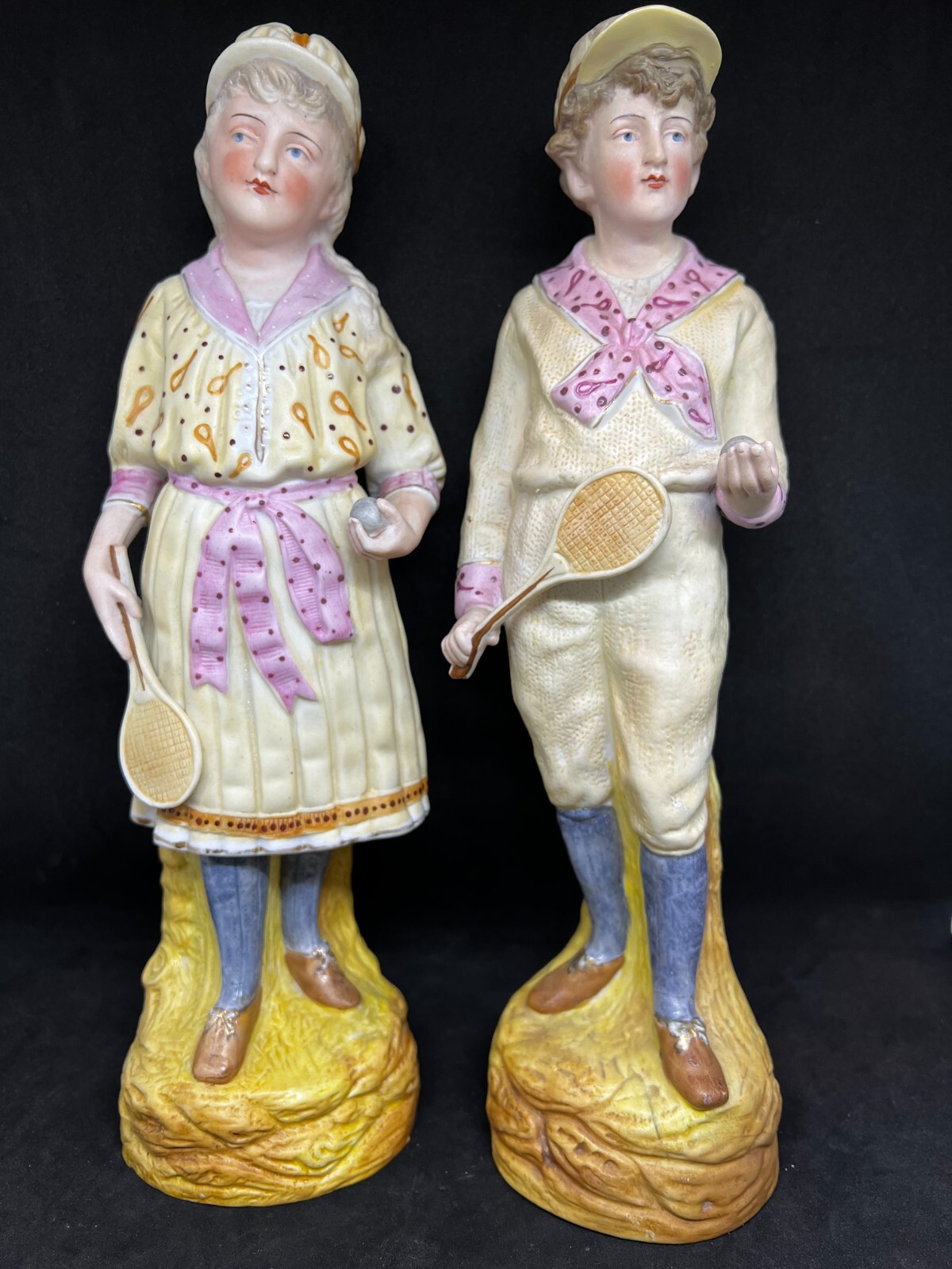 Gebruder Heubach-German Porcelain Bisque-Young Boy & Girl Playing Tennis 13″