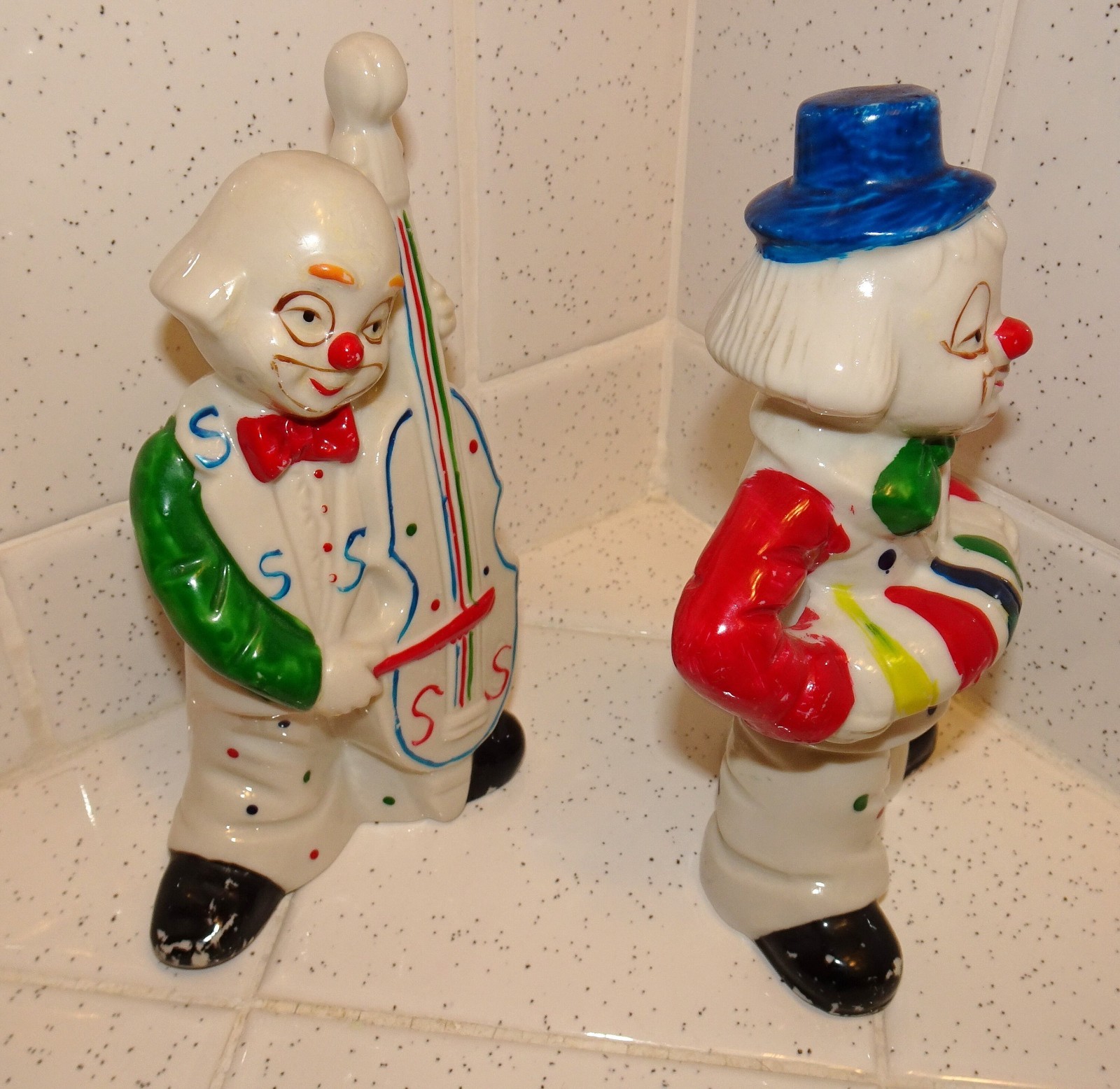 Vintage Two Ceramic Clowns Playing Instruments