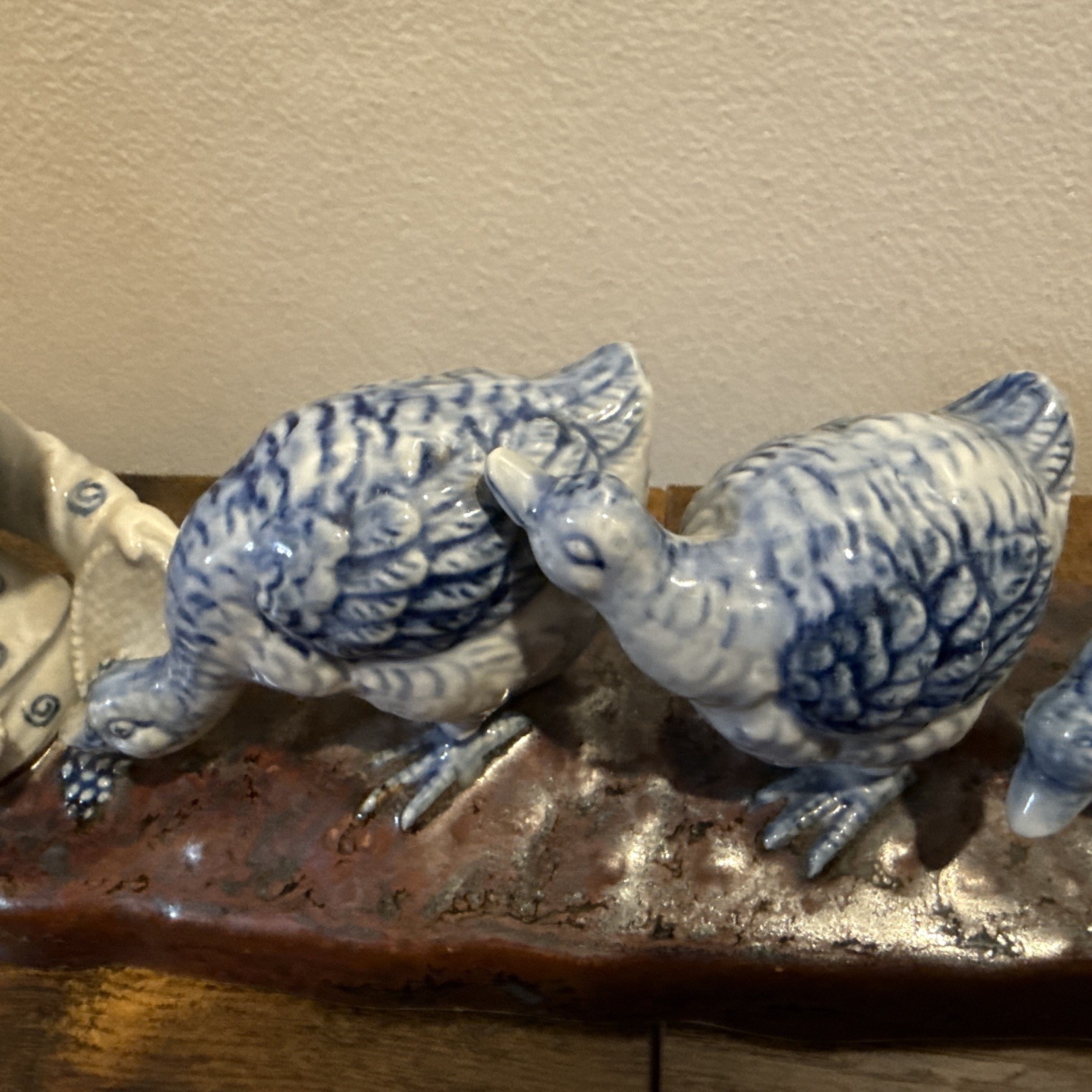 Vintage Chinese delft porcelain Figurine Woman Feeding Ducks Chinoiserie Art