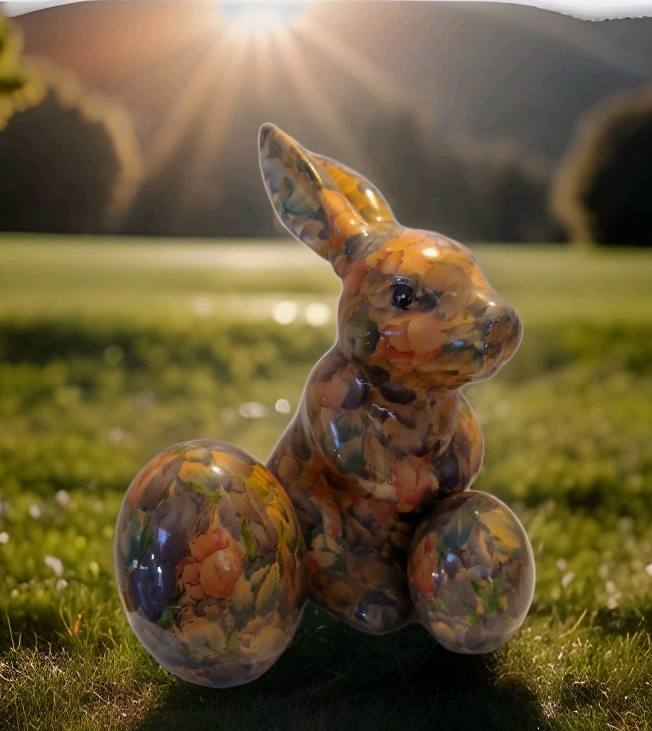 Enesco Ceramic Floral Decoupage TransferwareVtg Rabbit/2Eggs Cottage Chic 9″x 6″