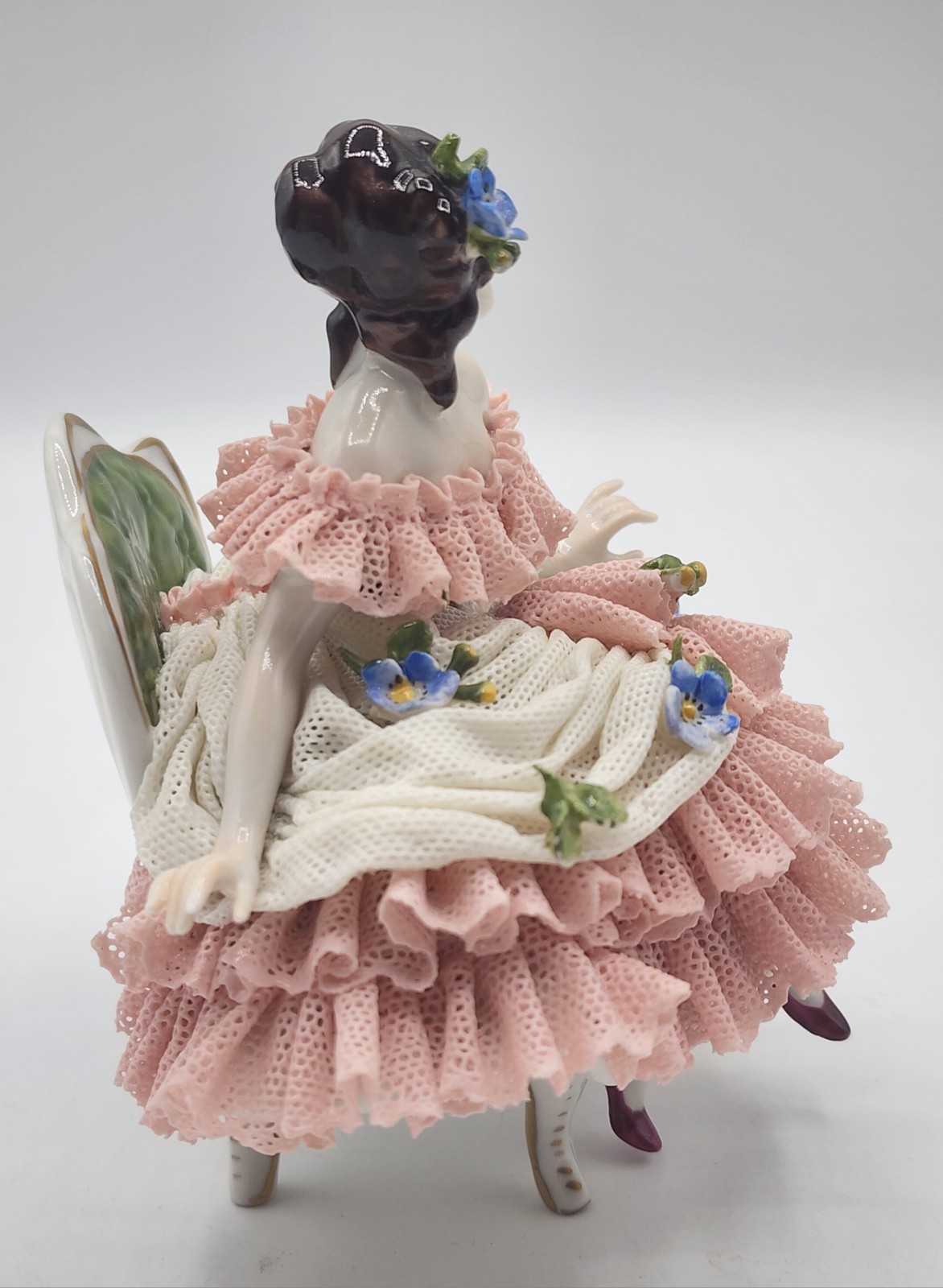Antique German Volkstedt Dresden Lace Porcelain Figurine Lady On Sofa 5″× 5.5″