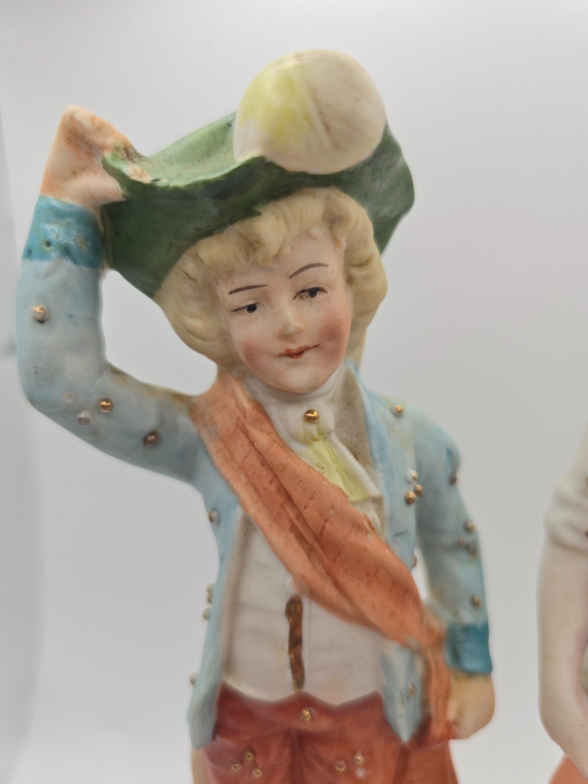 Vintage Porcelain Colonial Couple Figurines Pair Hand Painted Gold Accents 8″