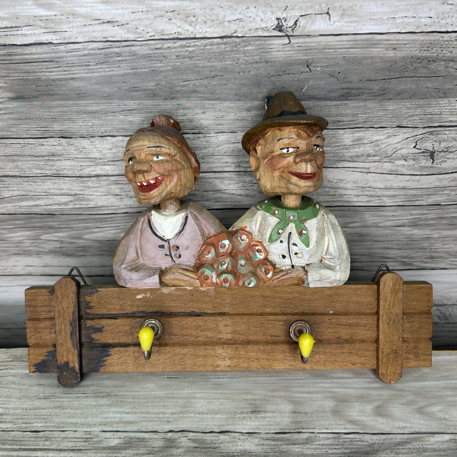 P. Maeder Lucerne Wood Key Rack Hook Hand Carved Man Woman Couple Switzerland