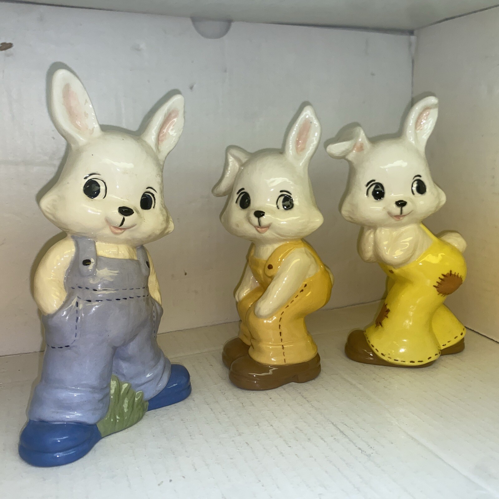 2 Easter Spring Rabbits Bunnies Ceramic Figurines Overalls Signed NL 3/83