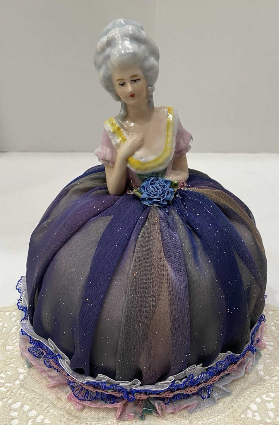 Vintage Germany Porcelain Vanity Half Doll Pin Cushion Dress Victorian Purple