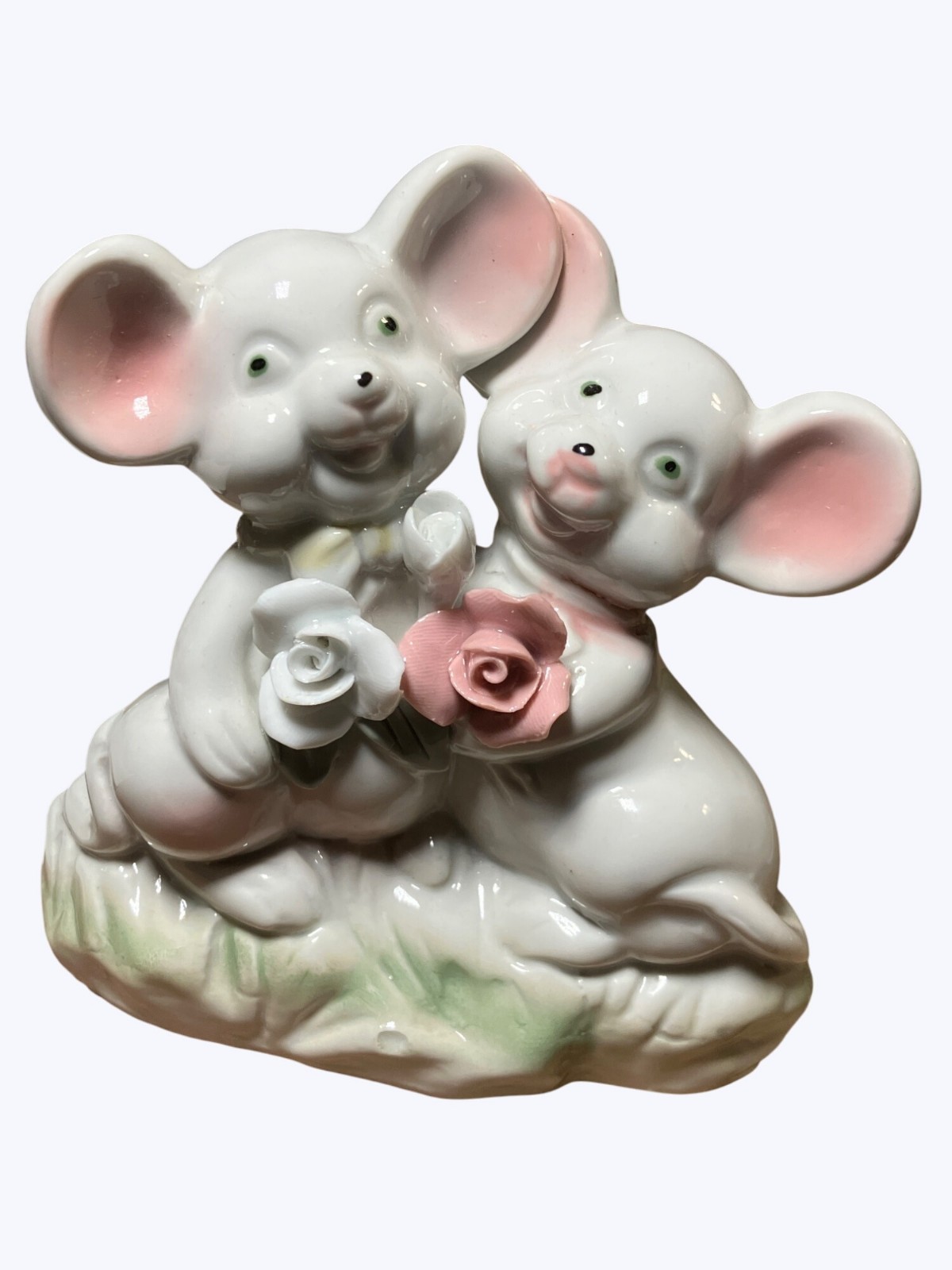Ceramic Mouse Mice Couple Figurine With Flowers Vintage