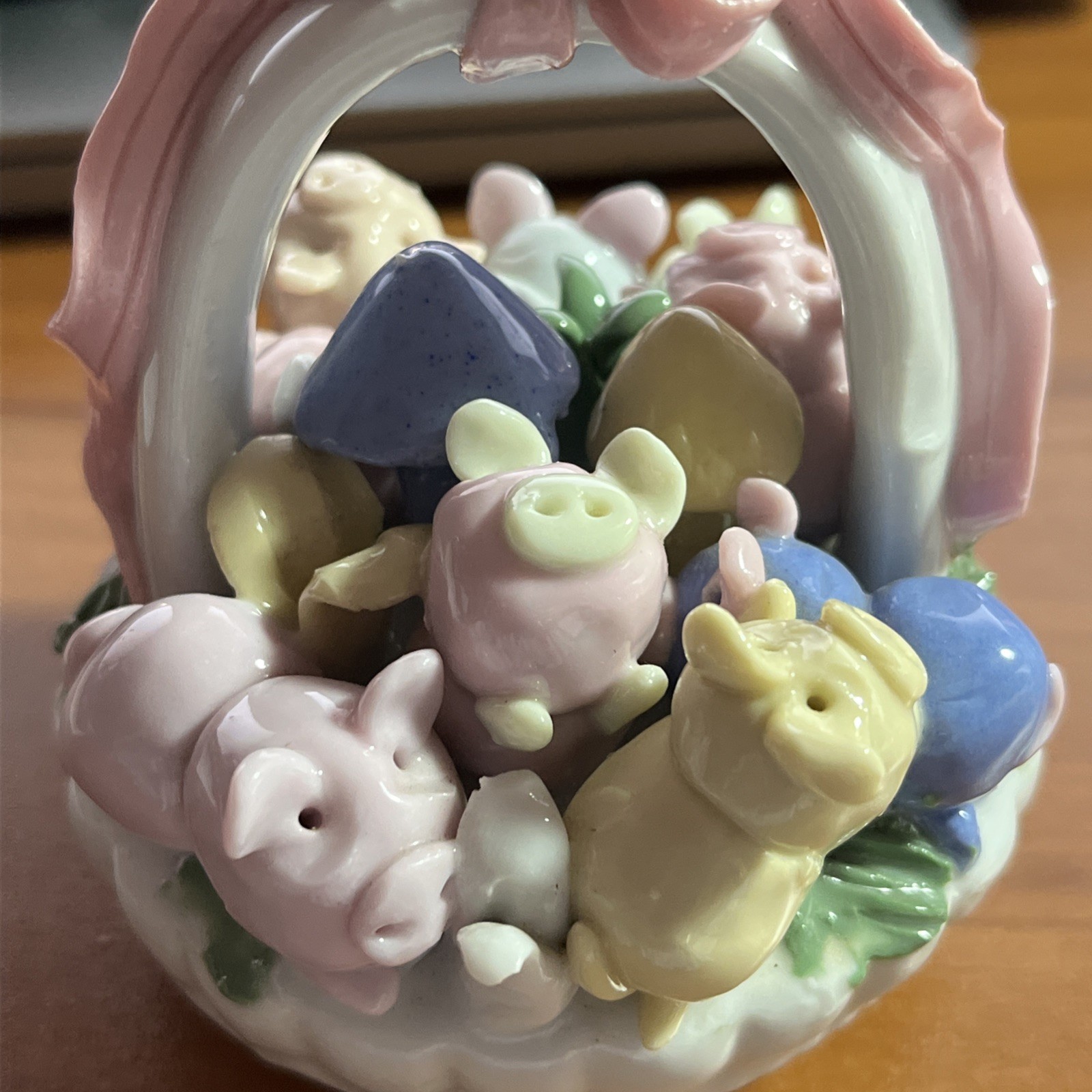 Vintage Ceramic Porcelain Whimsical Pigs & Mushrooms in a Basket