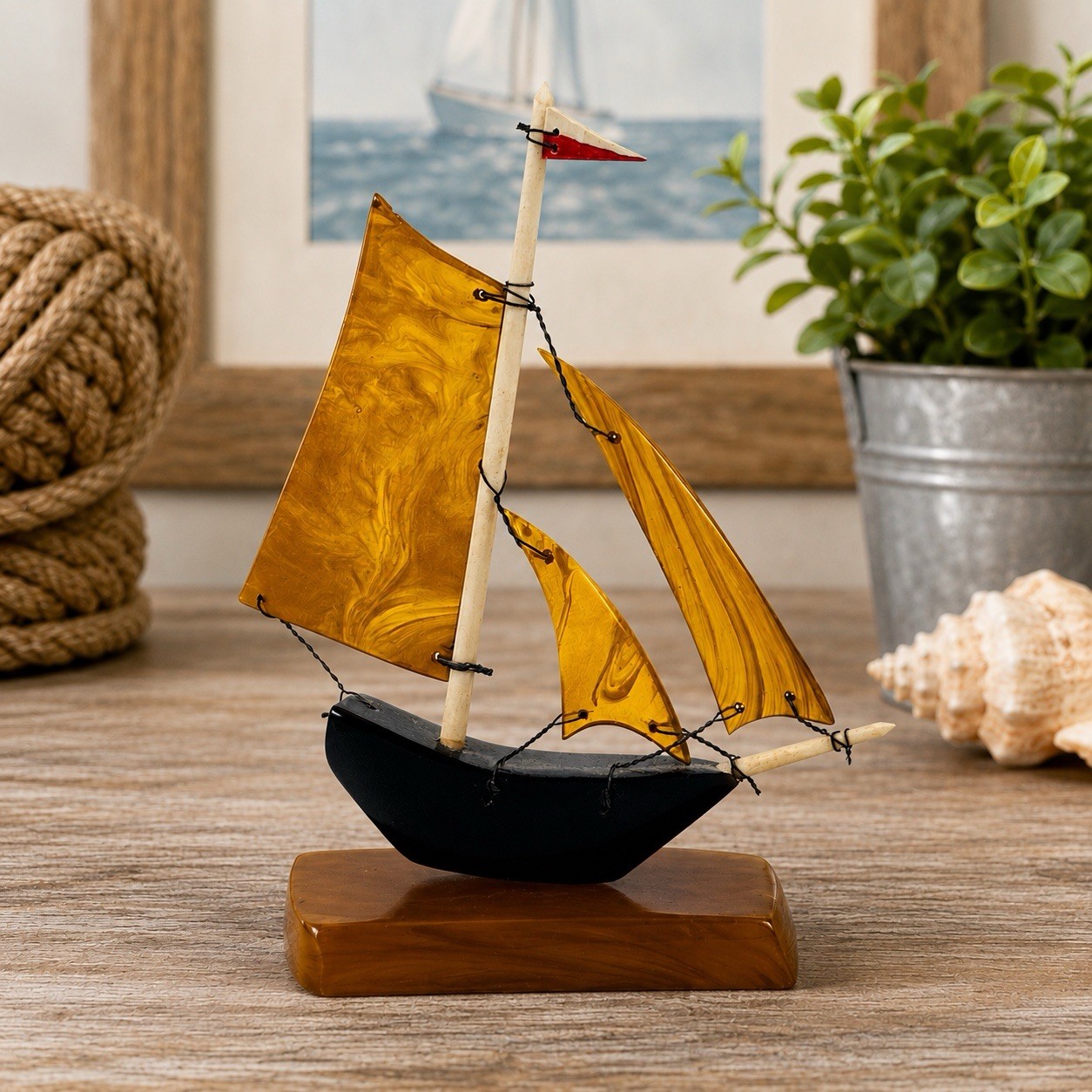 Vintage Bakelite Sailboat Sculpture Amber Marbled Sails Nautical Miniature