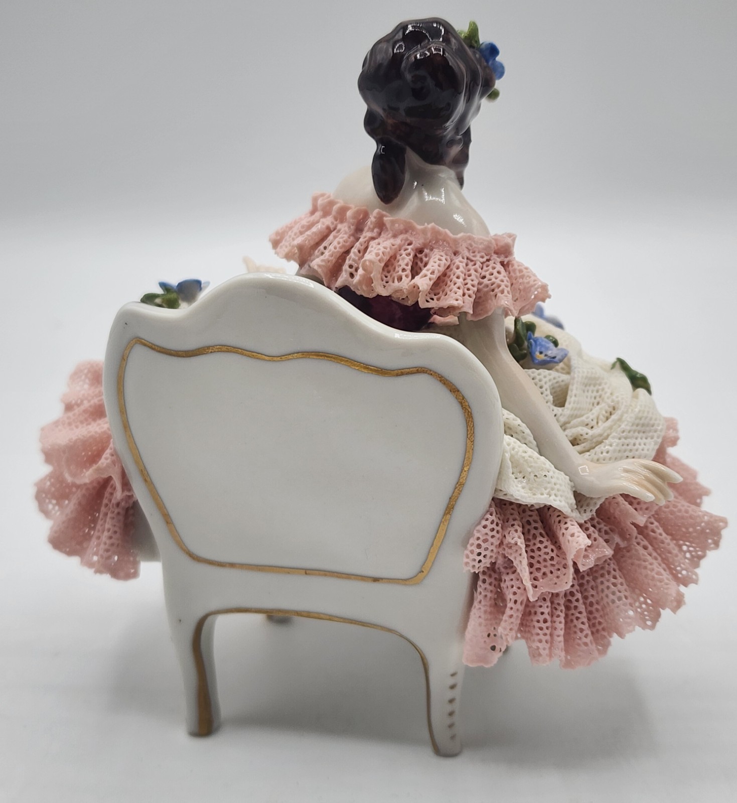 Antique German Volkstedt Dresden Lace Porcelain Figurine Lady On Sofa 5″× 5.5″