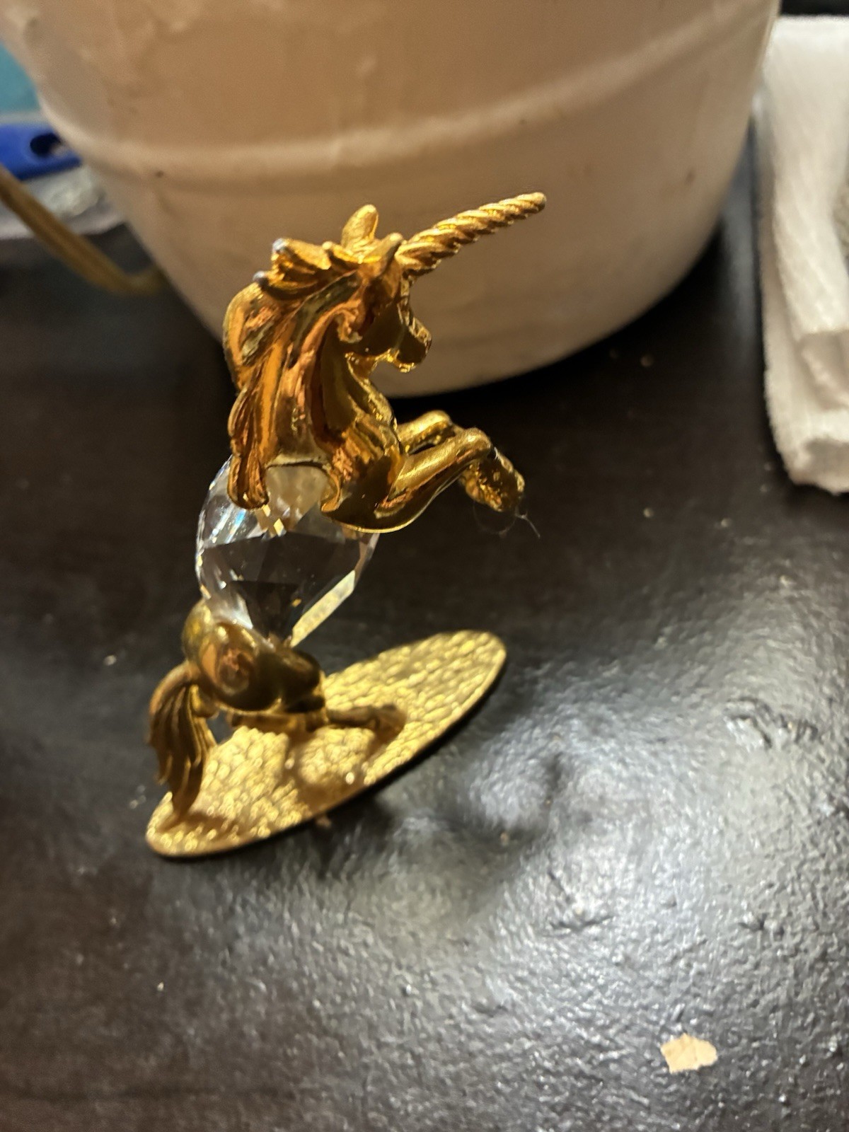 Gold Tone Metal Unicorn Figurine w/ Clear Crystal Base, 3D Effect, Fantasy
