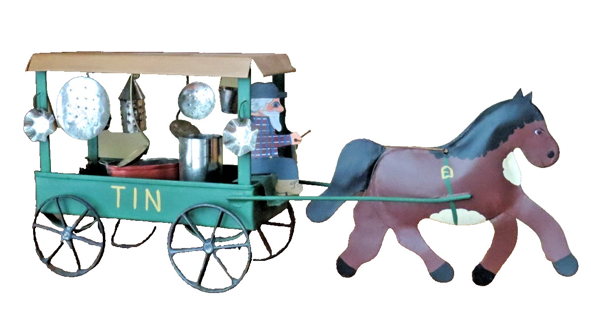 Folk Art Metal Horse Drawn Peddler Cart & Tin Miniatures Signed Gillaspy USA 15″