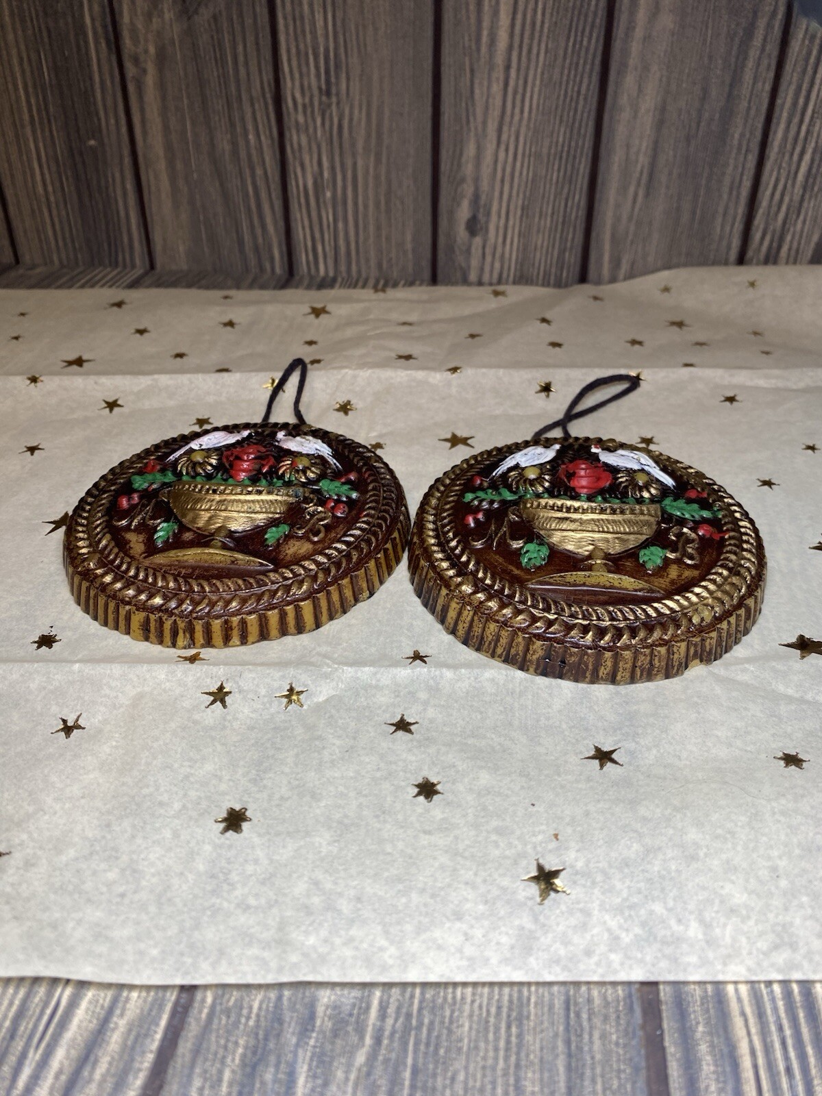 Set of 2 Vintage Wax Plaque Folk Art Wall Hanging Sculpture 3D German?