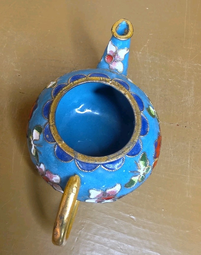 Mini Cloisonné Teapot Enamel Floral Metal Multicolor Petite Butterflies