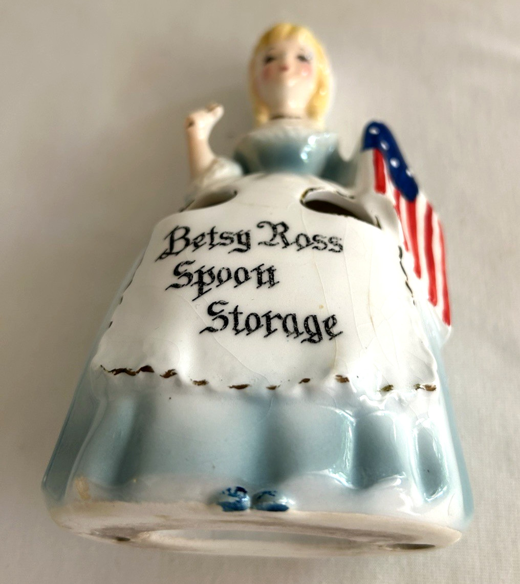 Vintage Enesco Betsy Ross Storage Patriotic Flag Figurine With Spoons 6″ high