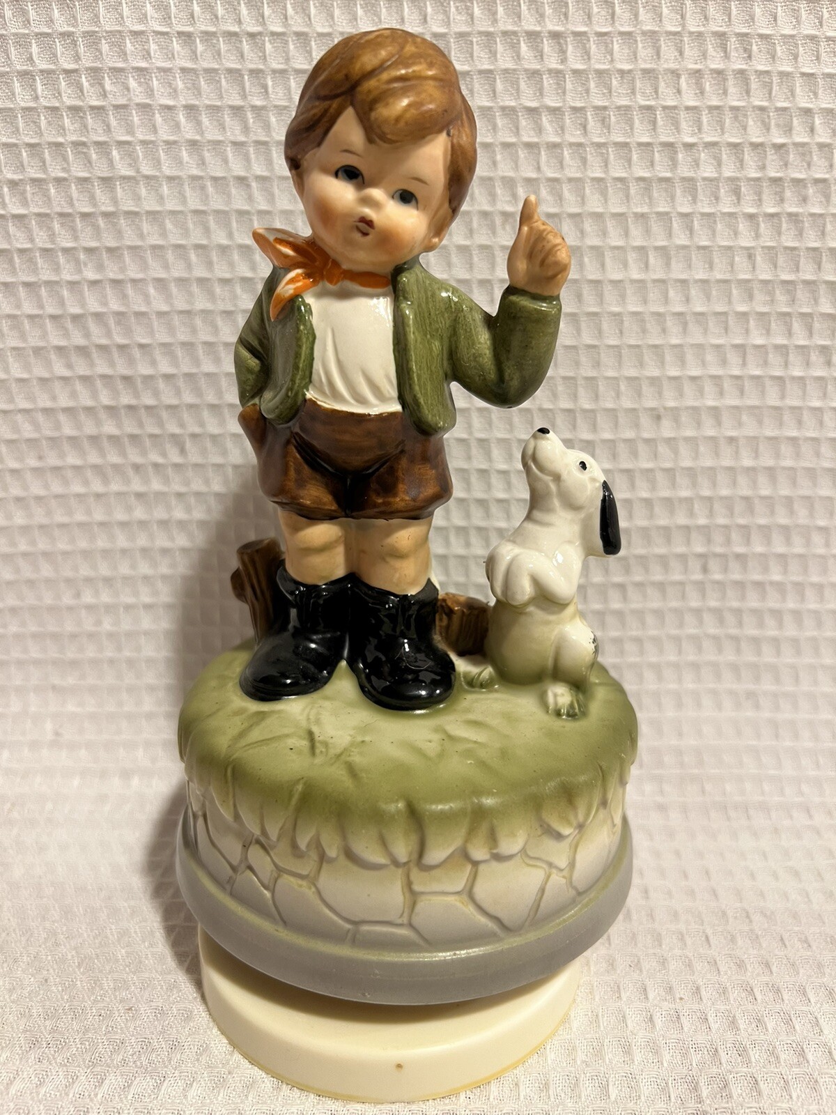 Adorable Vtg.-Made In Japan-Boy & His Dog Figurine Rotating Music Box