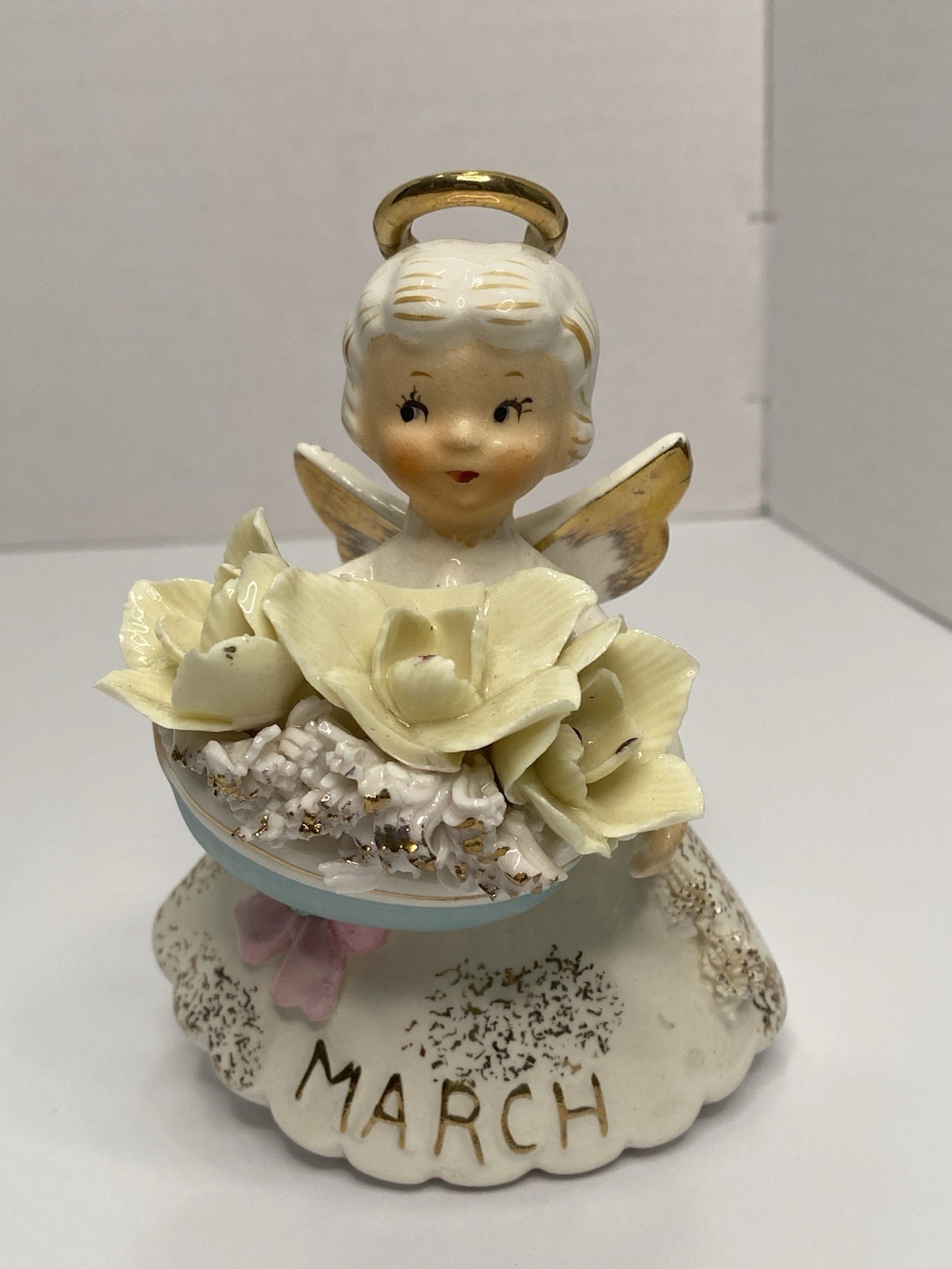 Vintage Lefton March Birthday Angel Daffodil Aquamarine Spaghetti Figurine
