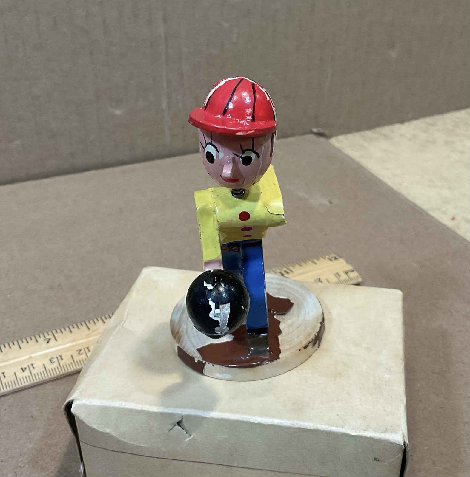 Vintage Hand Carved Wooden Sports Bobble Head Figure Bowling Ball And Pins Japan
