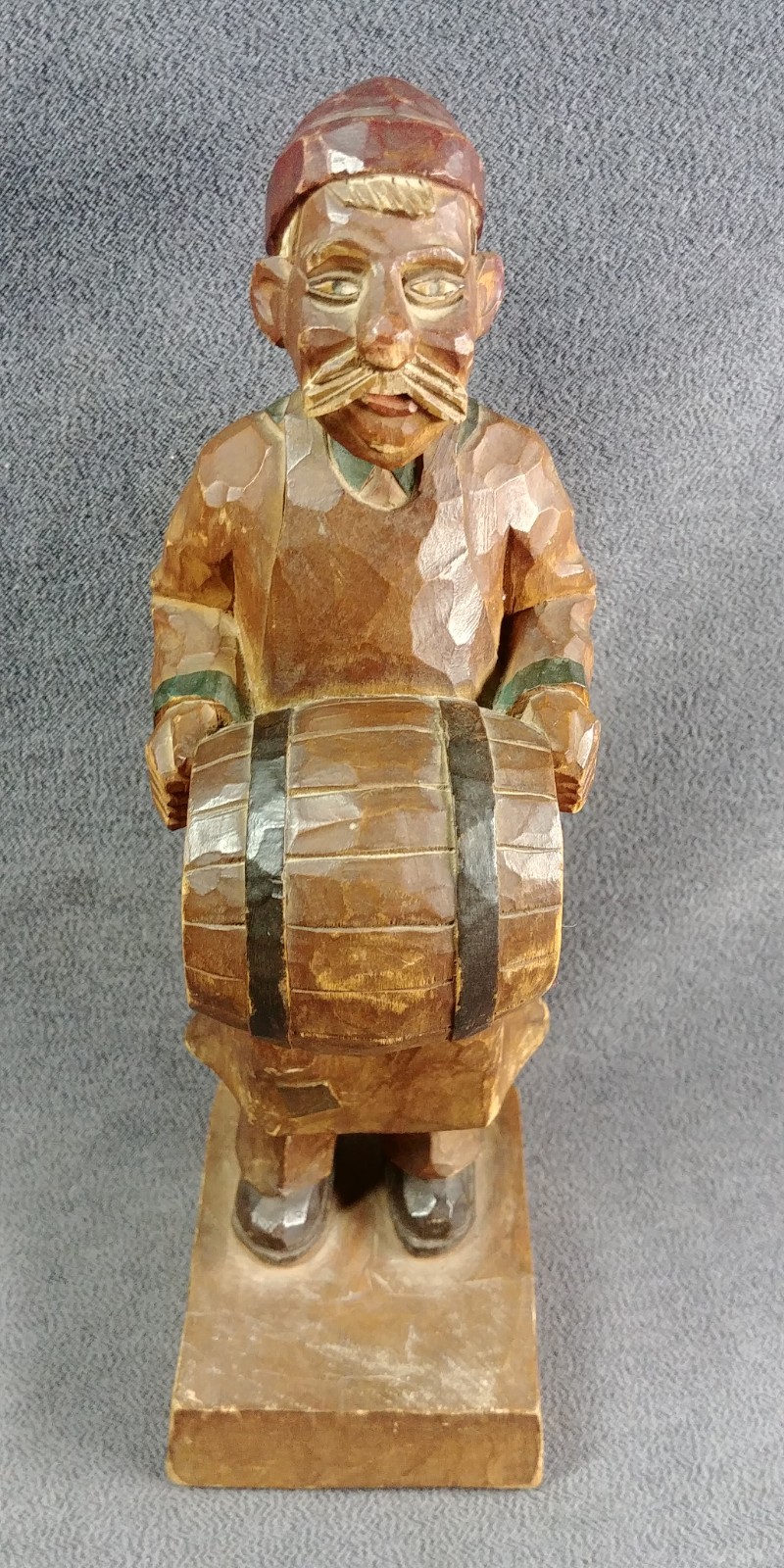 Unknown Beer? Barrel Hand Carved German? Wood Sculpture Art Apron Mustache 8.5″