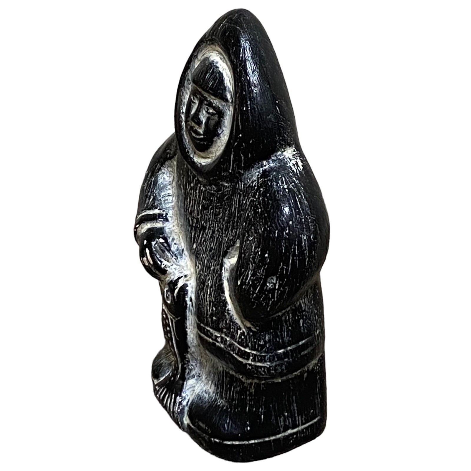 Inuit Fisher Stoneware Figurine 6.5” Vintage Eskimo Style Sculpture