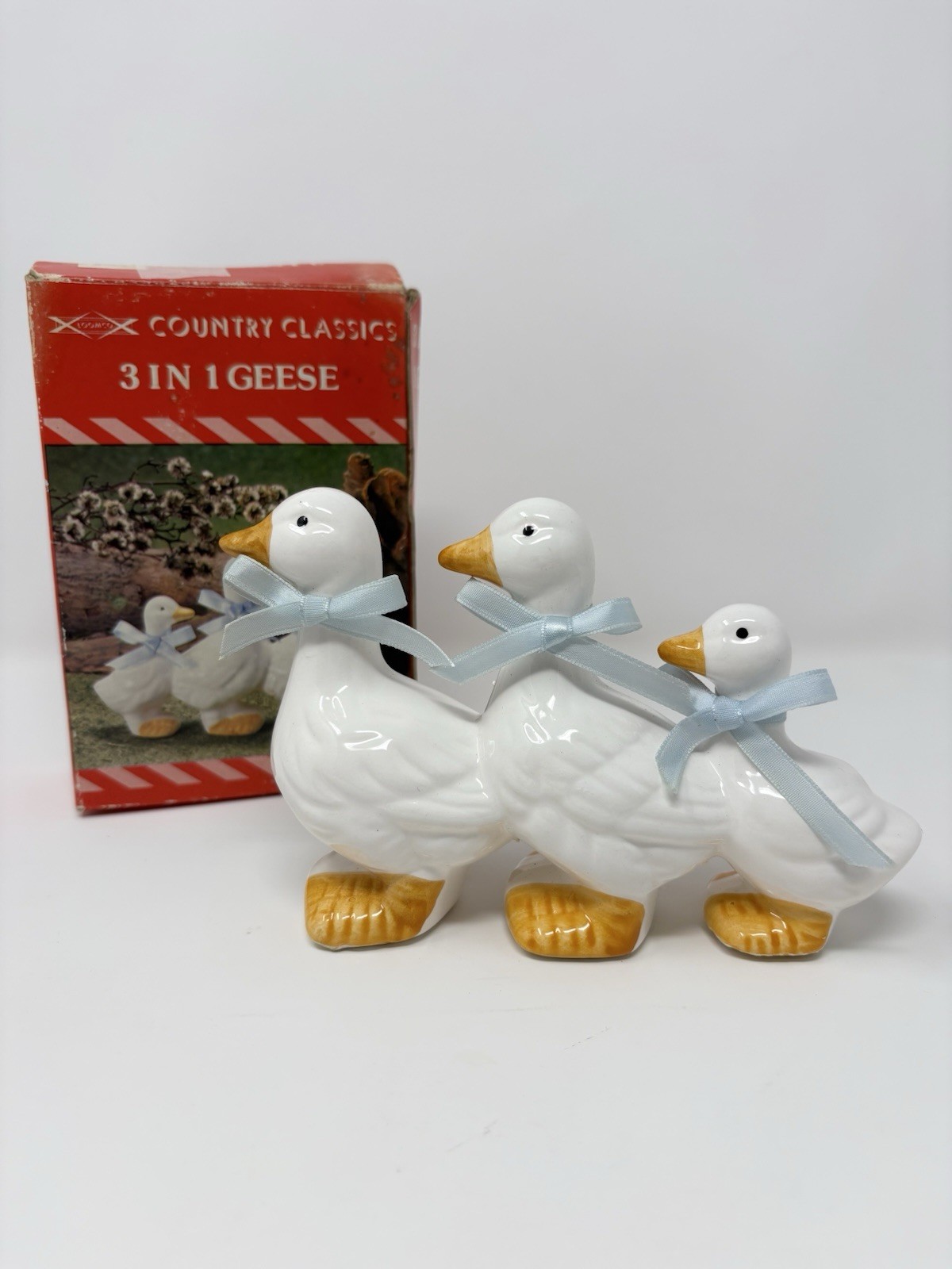 Loomco Country Classics 3 In 1 Geese Ceramic Figurine Blue Bow Vtg Cottage Core