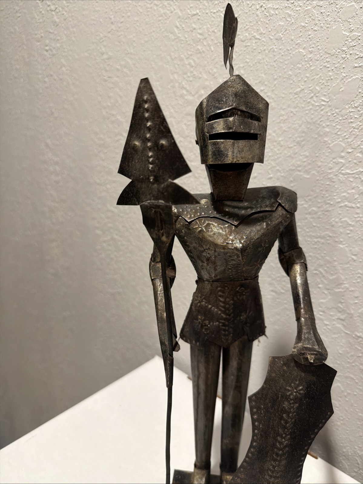 Vintage Knight in Armor Statue Medieval Silver Tin Figurine 15” Made In Mexico