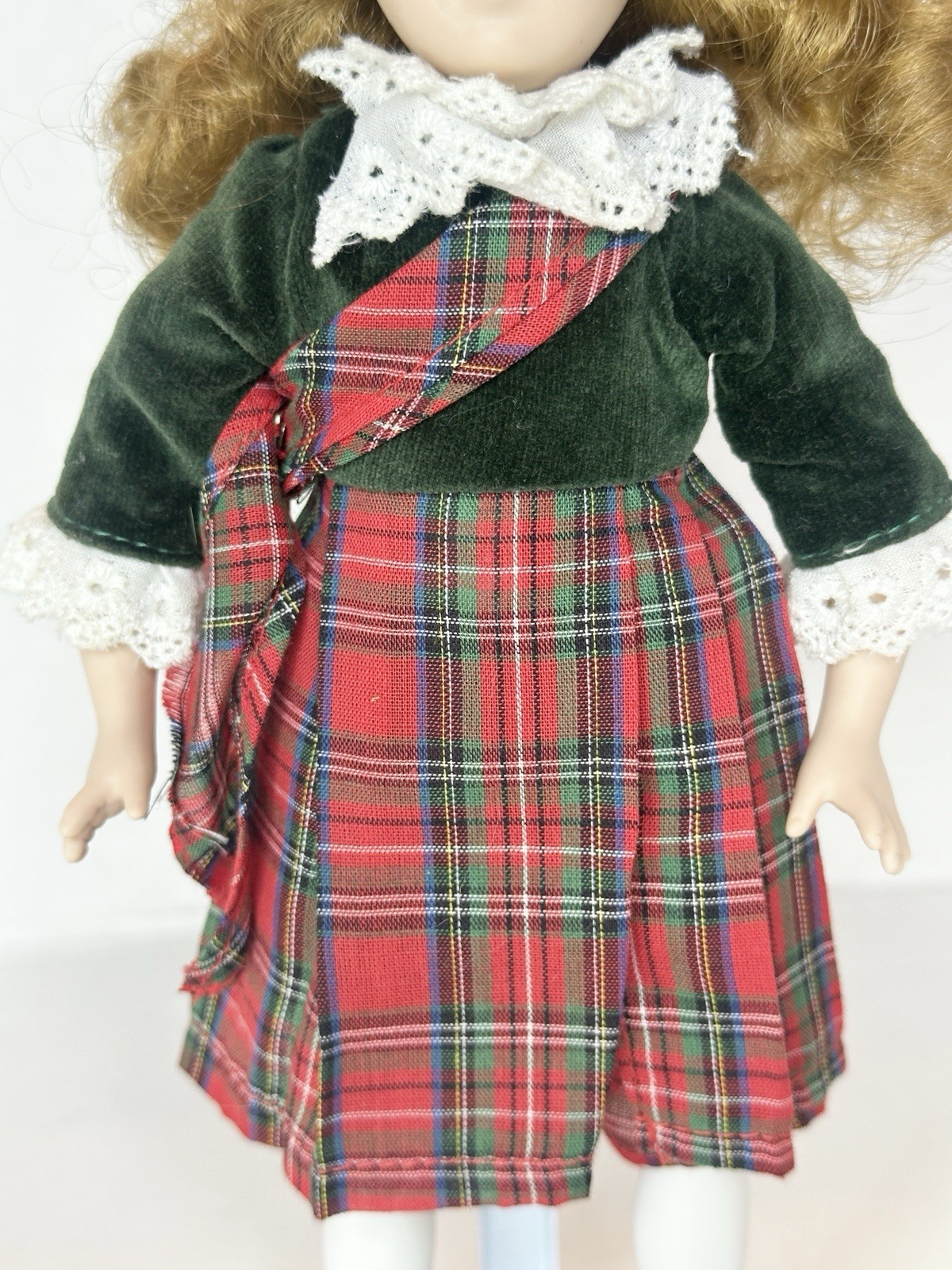 Danbury Mint Porcelain “Suisan” Scottish Tartan Outfit with White Display Stand