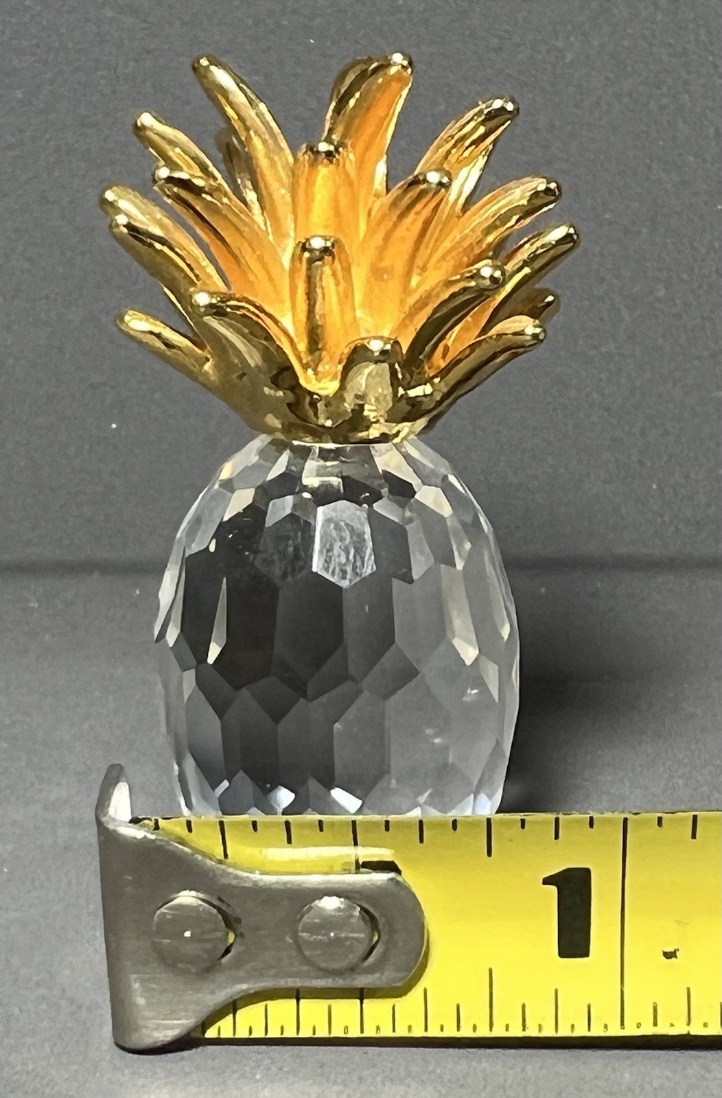Miniature Crystal Pineapple Figurine Miniature Gold Tone Leaves 1.75 inch Tall