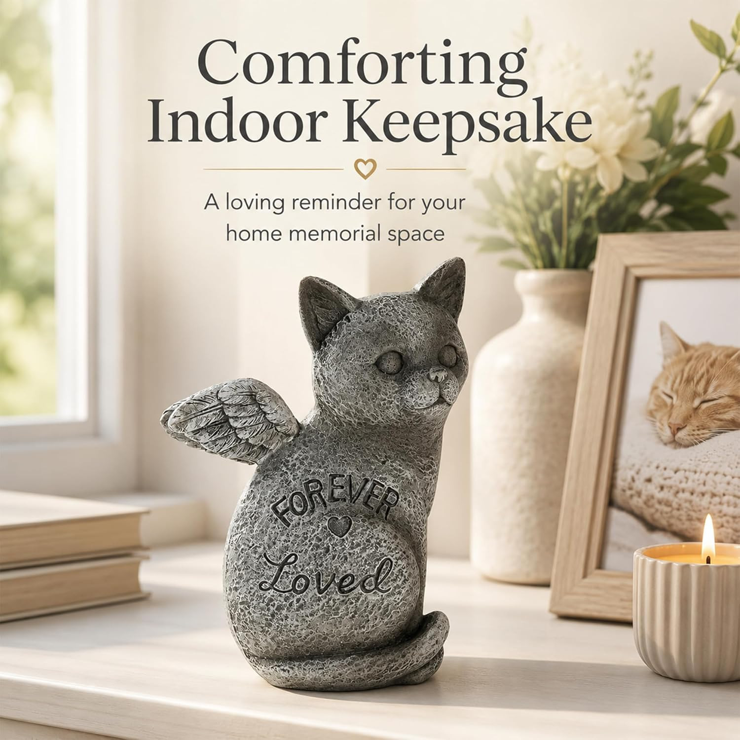 Angel Cat Memorial Figurine, Forever Loved, Gray Polyresin, Hand Painted, Waterp