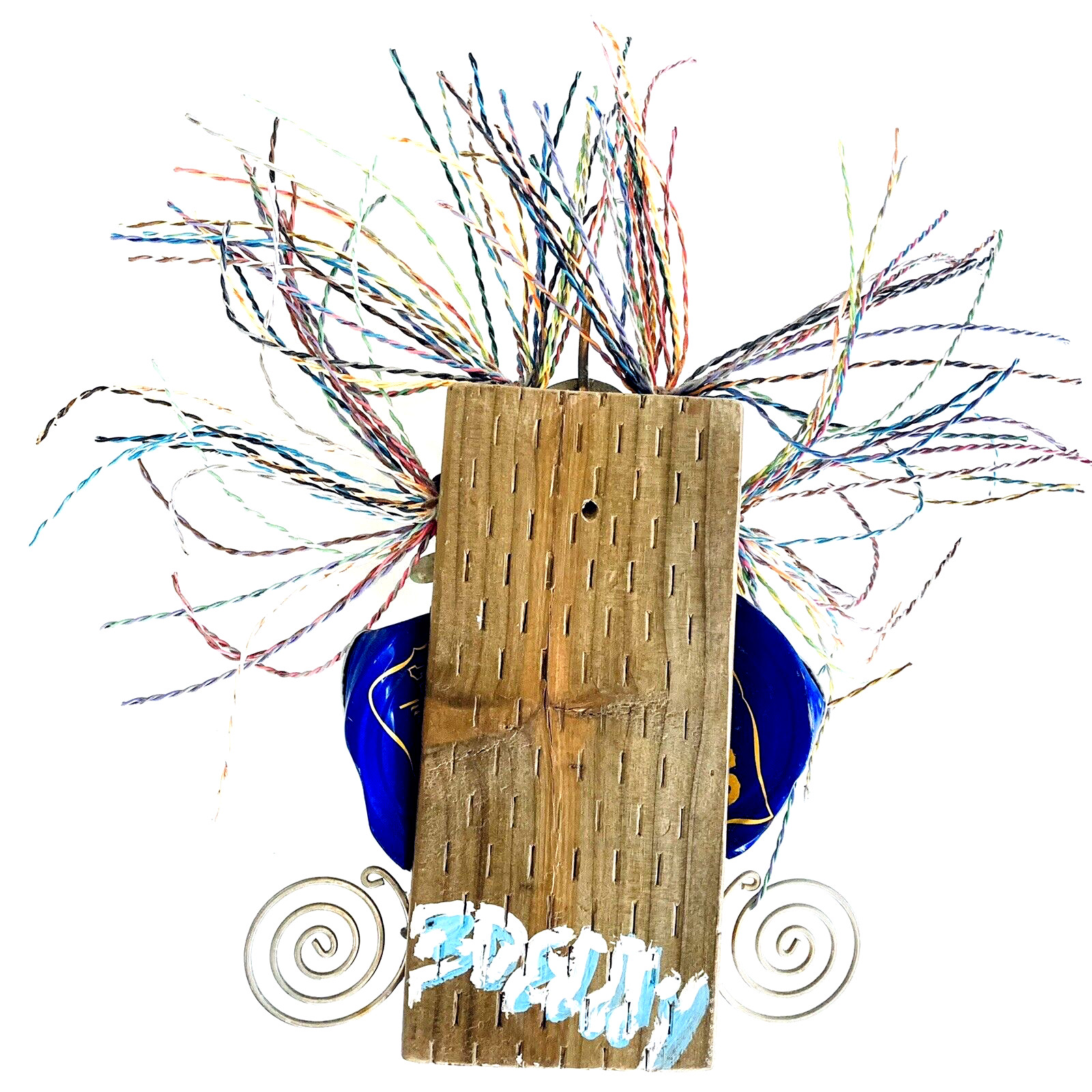 Edddy Sculpture 13″ Reclaimed Wood Make-Up Face Folk Outsider Art Drag Jewelry