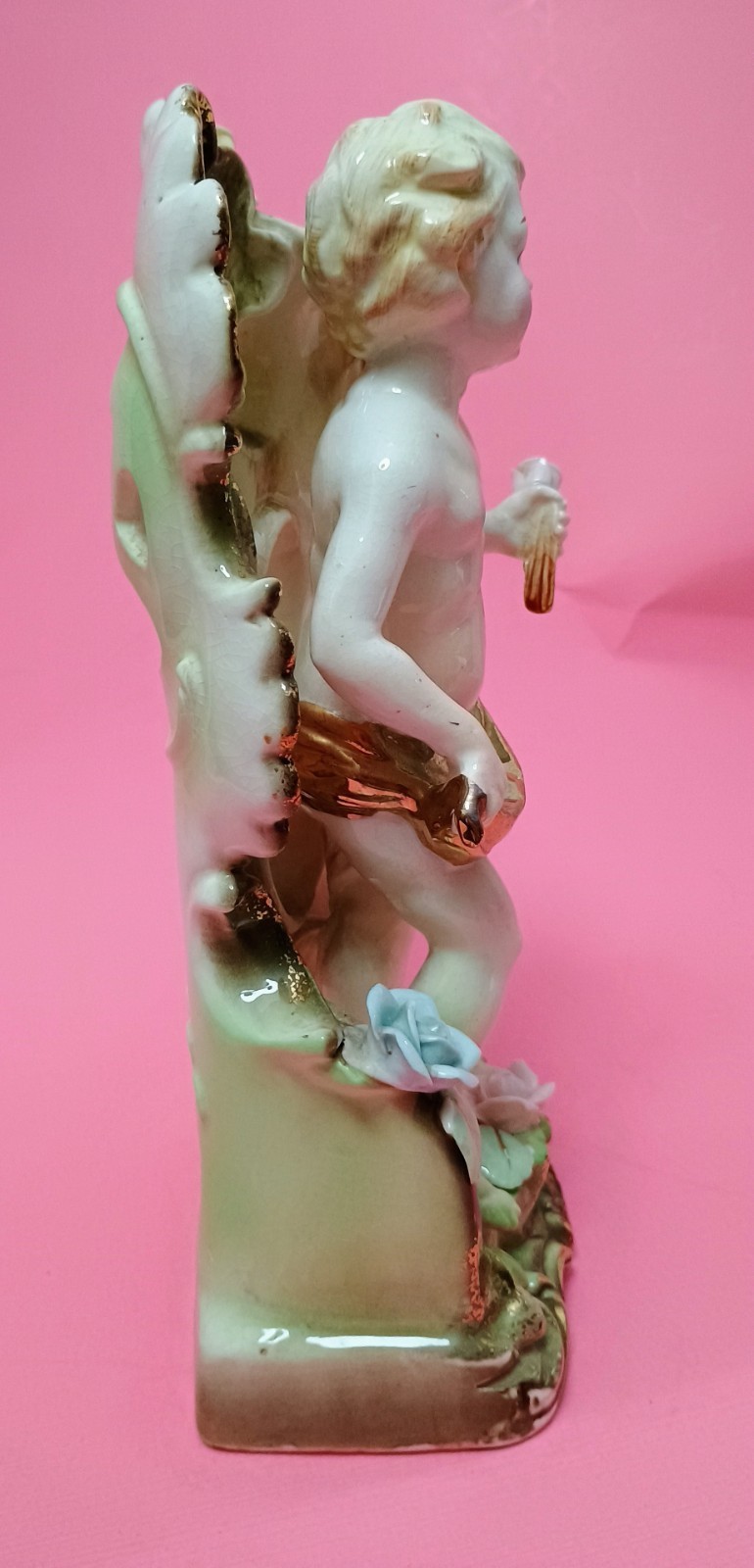 Vintage Bisque Cherub Putti Figurine Vase Hand Painted Porcelain Japan