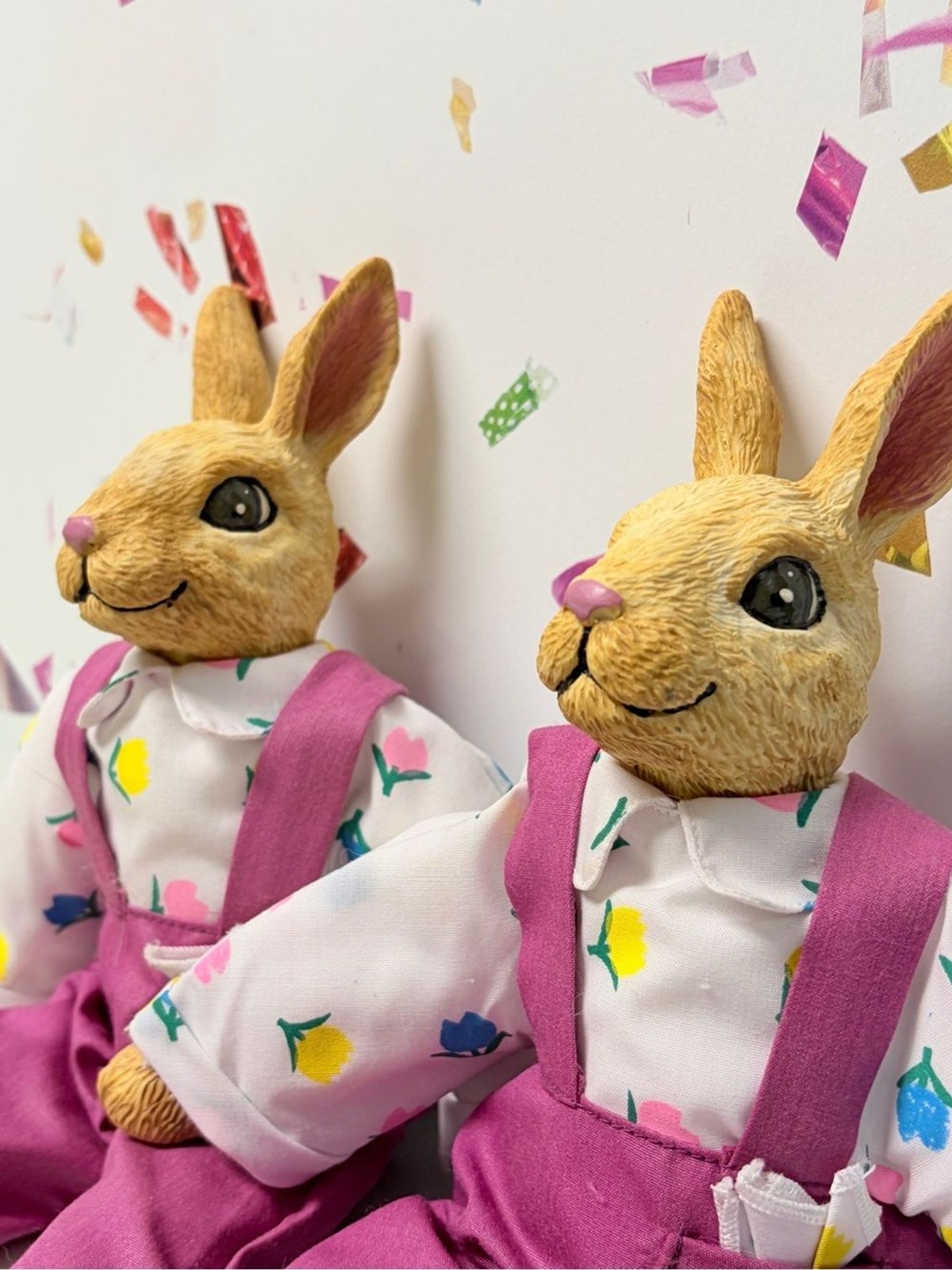 Pair Easter Bunny Rabbit Dolls Pink Overalls Floral Shirts Spring Decor