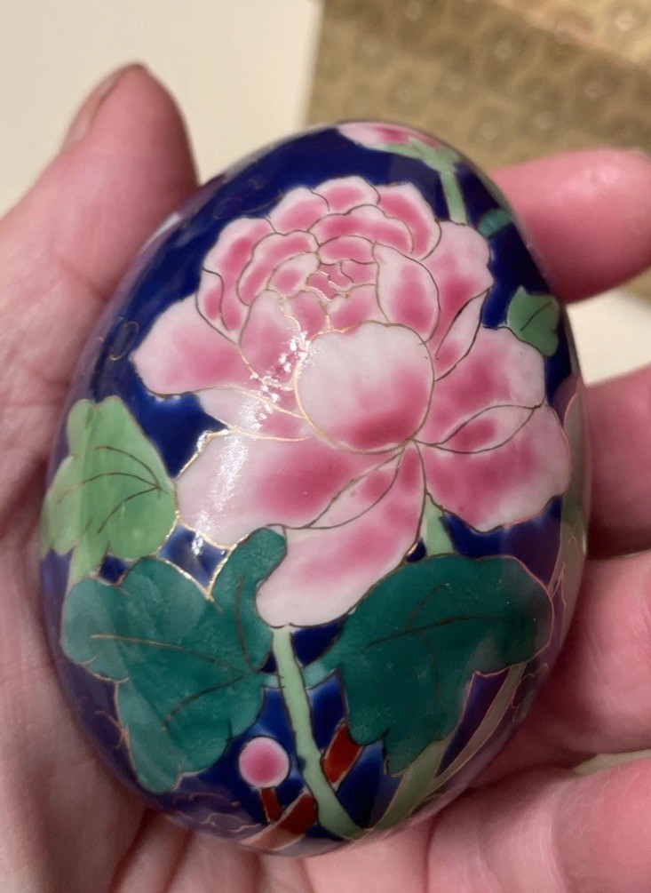 Vintage Cloisonne Egg-Hand Painted Blue Floral/Butterflies Porcelain -Wood Stand