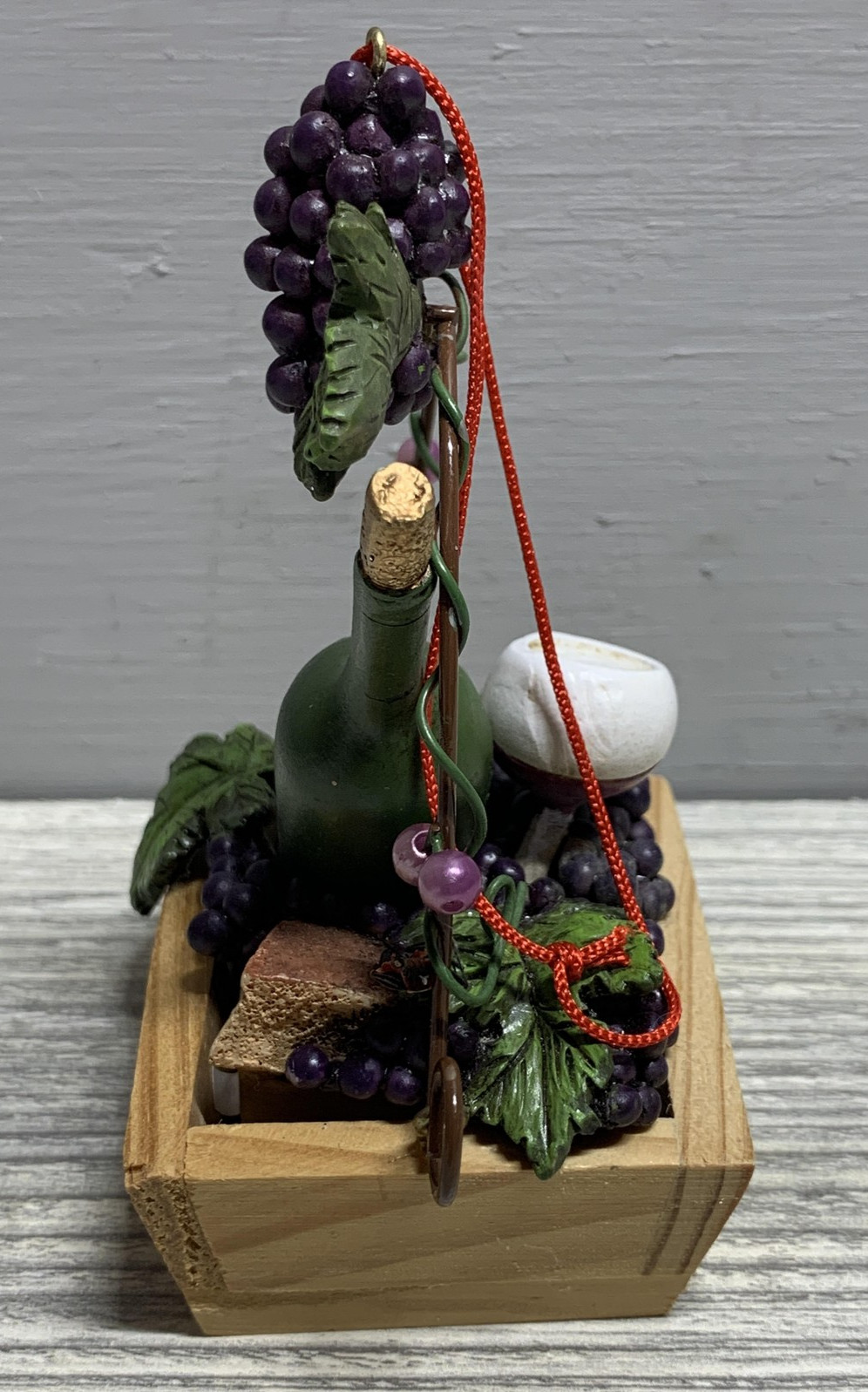 Wine Bottle Grapes Cheese Ornament Rustic Wood Crate Kitchen Bar Decor