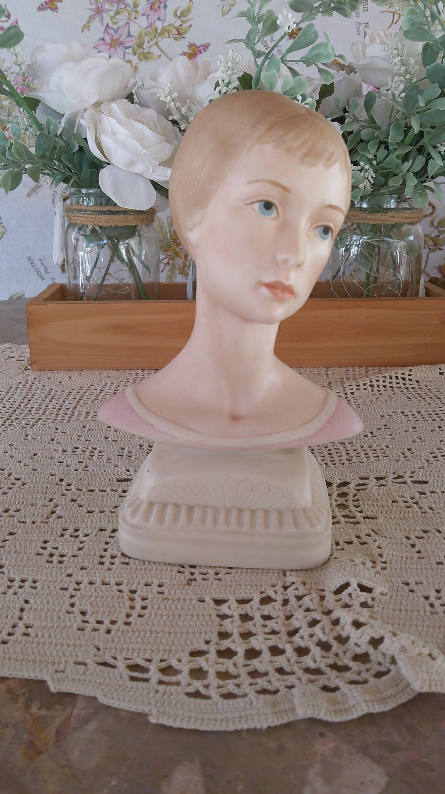 Laszlo Ispanky Porcelain Female Head Bust Blue Eyed “Susie” In Ponytail 7 5/8″