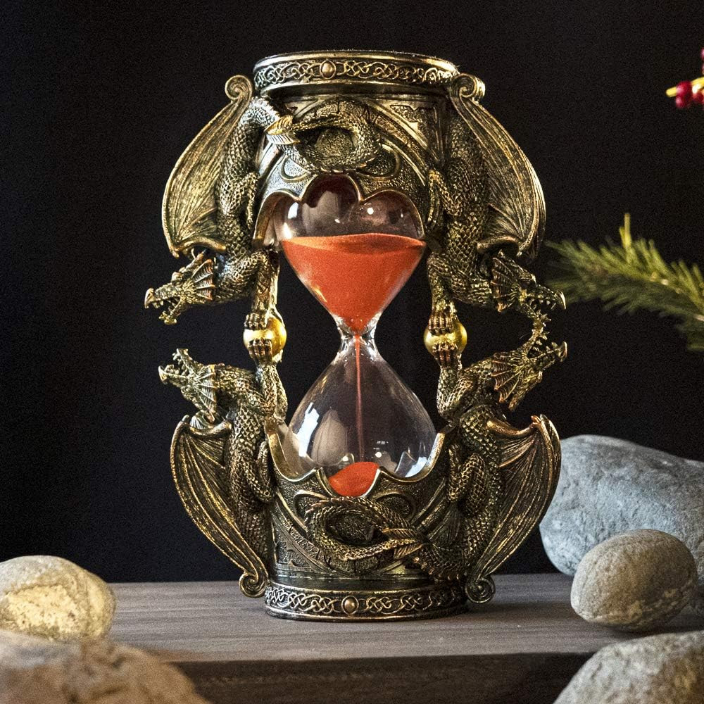 Gothic Fantasy Double Twin Dragons Sandtimer Red Sand Hourglass Sculptural Decor