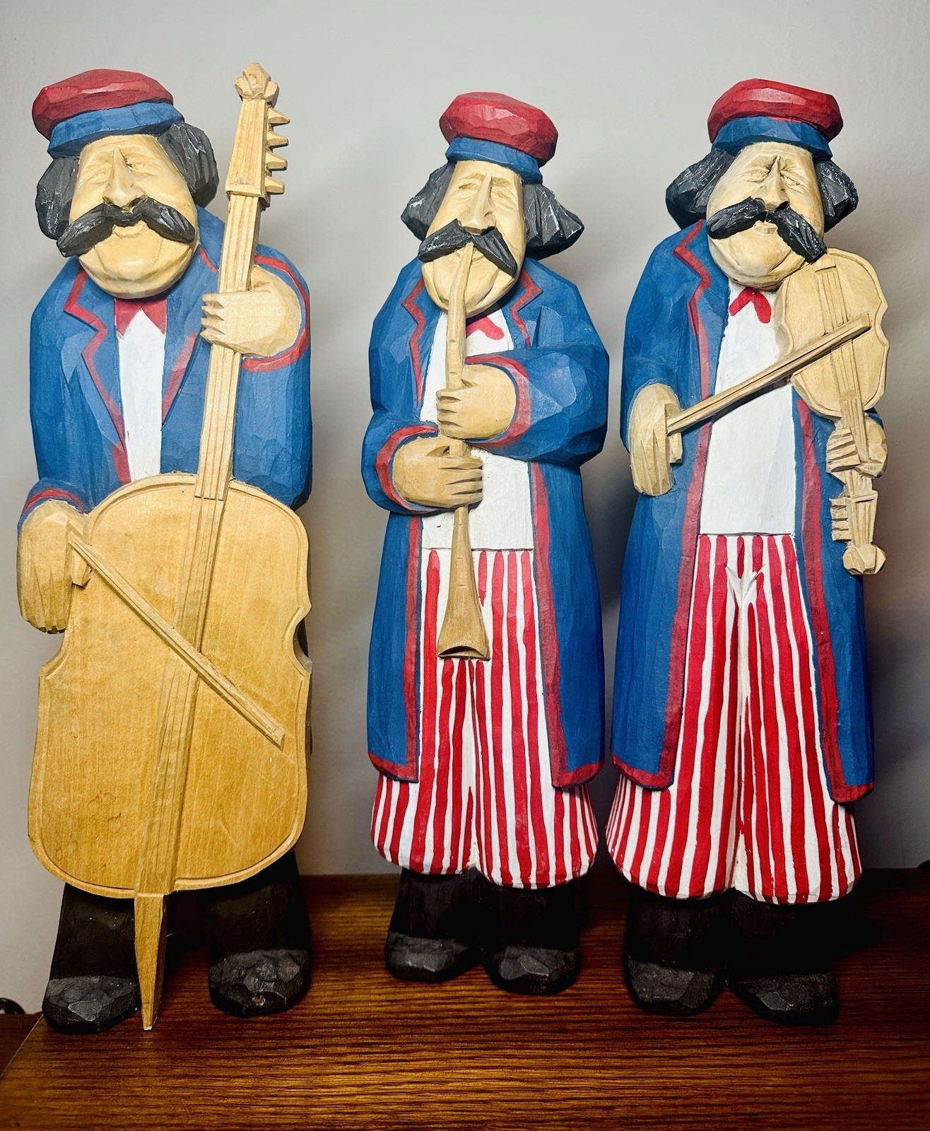 Vintage Musicians Band| Hand Painted & Carved Wood Figurines| 14.5”in| Set of 3