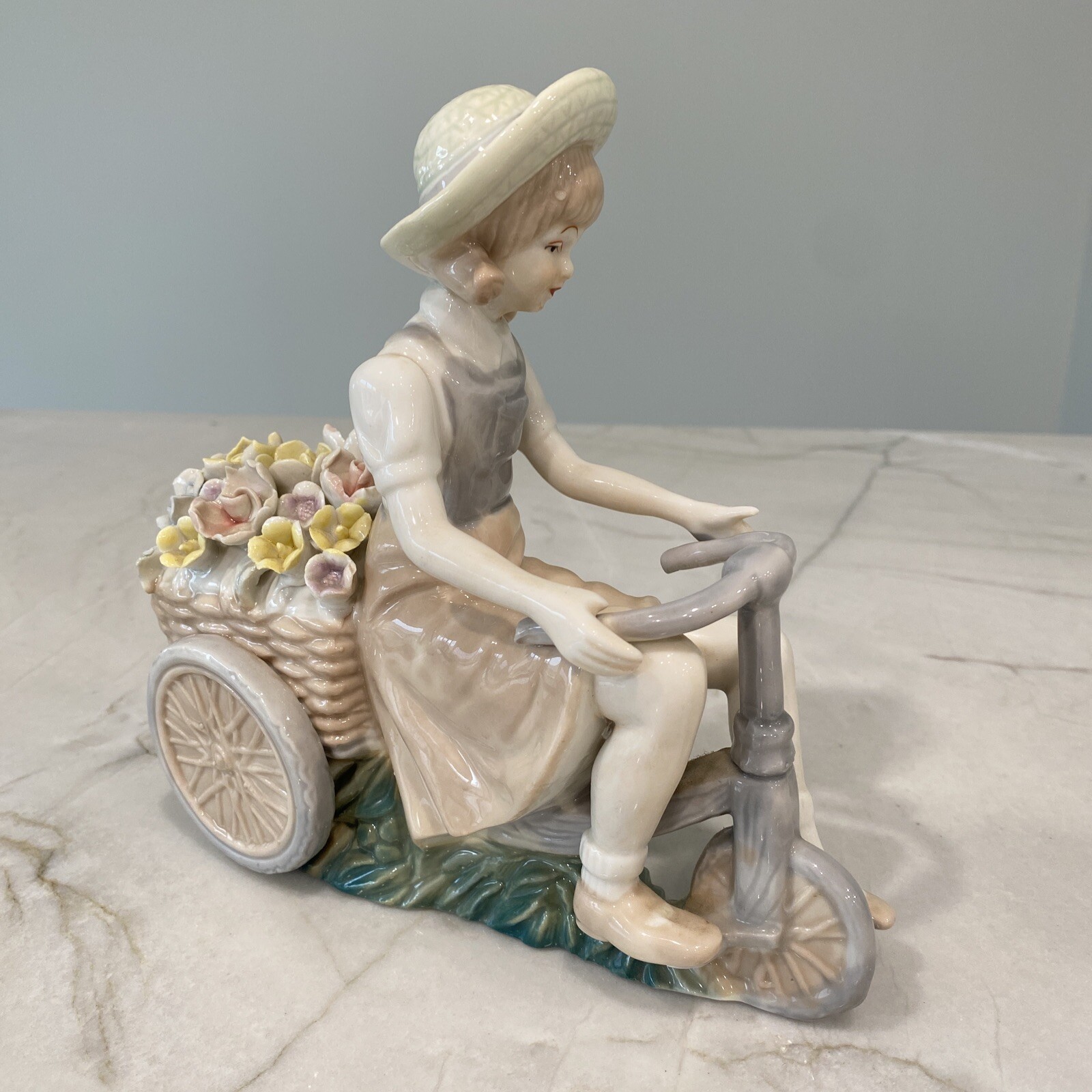 2 Vintage LENWILE ARDALT Boy & Girl with Flower Carts handmade 7″ figurines