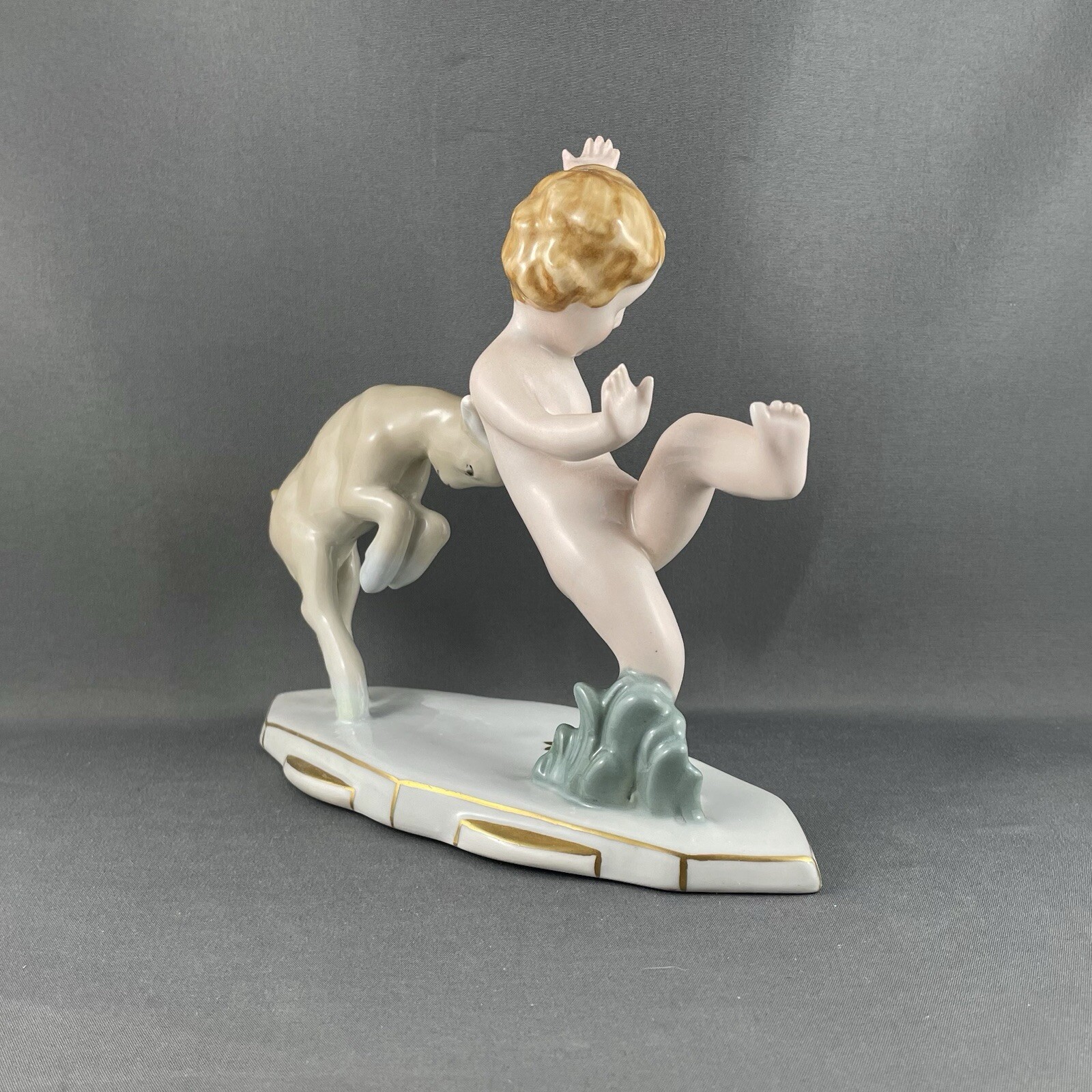 Royal Dux Figurine, Boy, Cherub, Putti with Goat, 6″ L