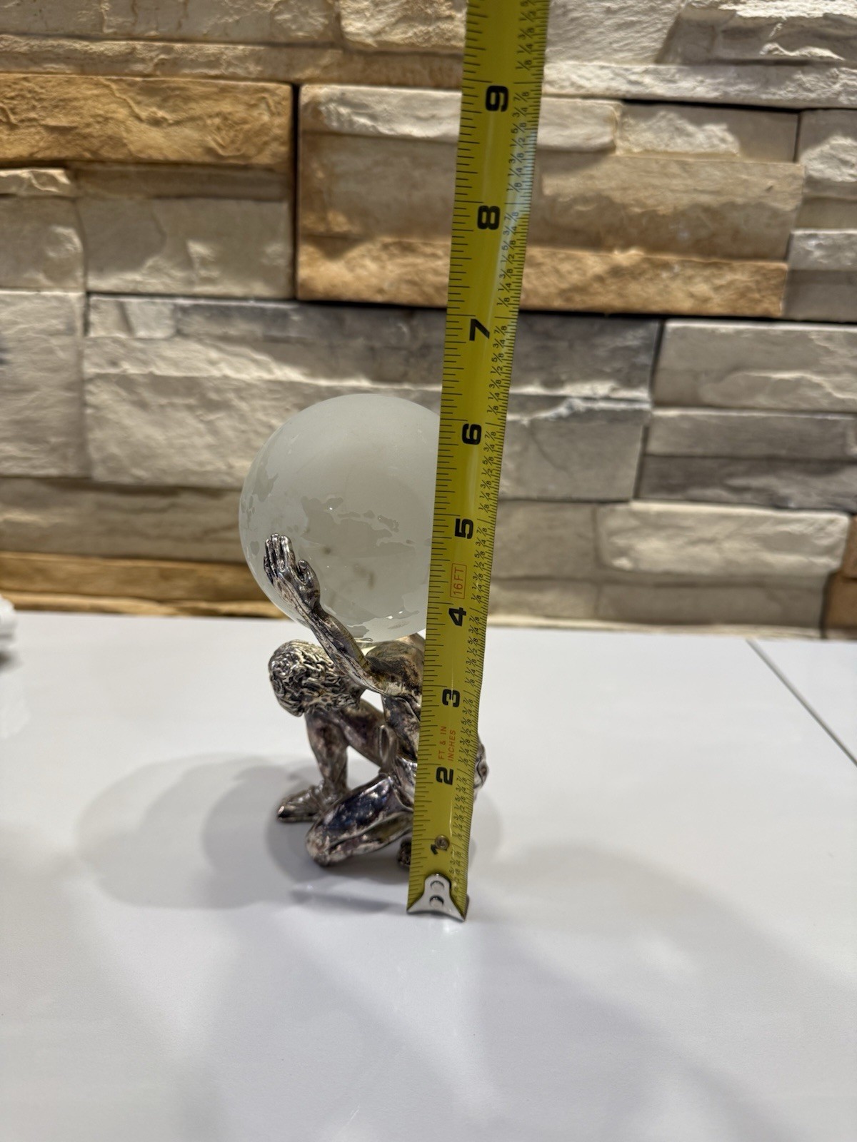 ATLAS SCULPTURE FIGURINE HOLDING SOLID FROSTED ORB GLOBE VINTAGE SILVER TONE